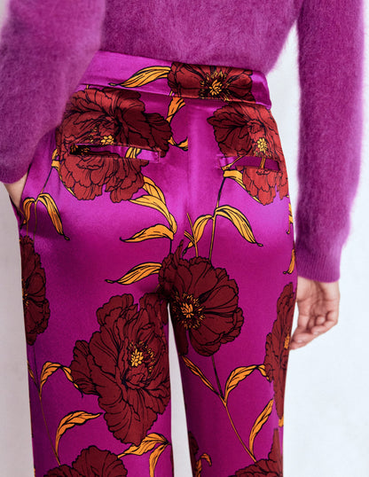 Faux Feather Trim Trousers-Hollyhock Peony Bloom-3