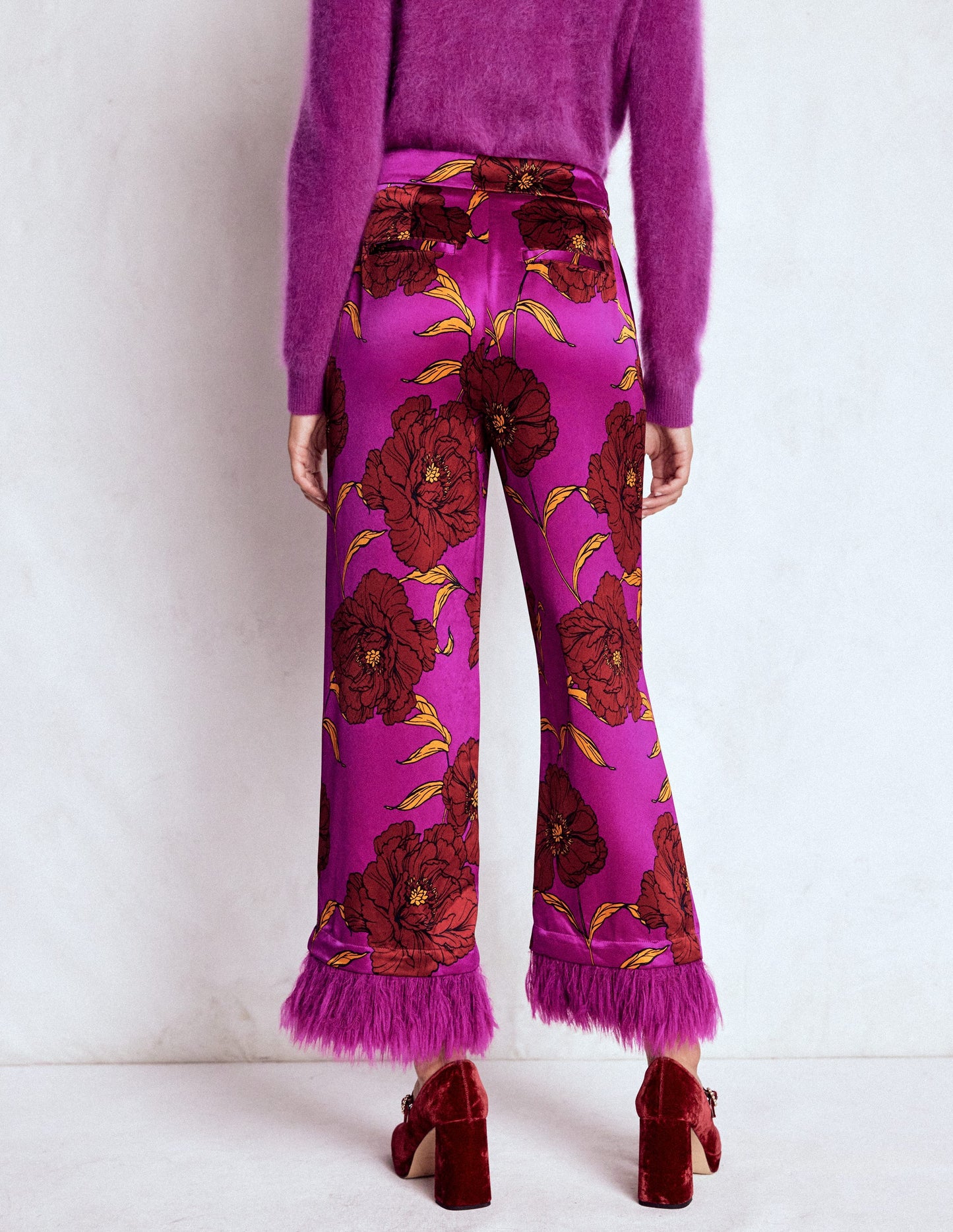 Faux Feather Trim Trousers-Hollyhock Peony Bloom