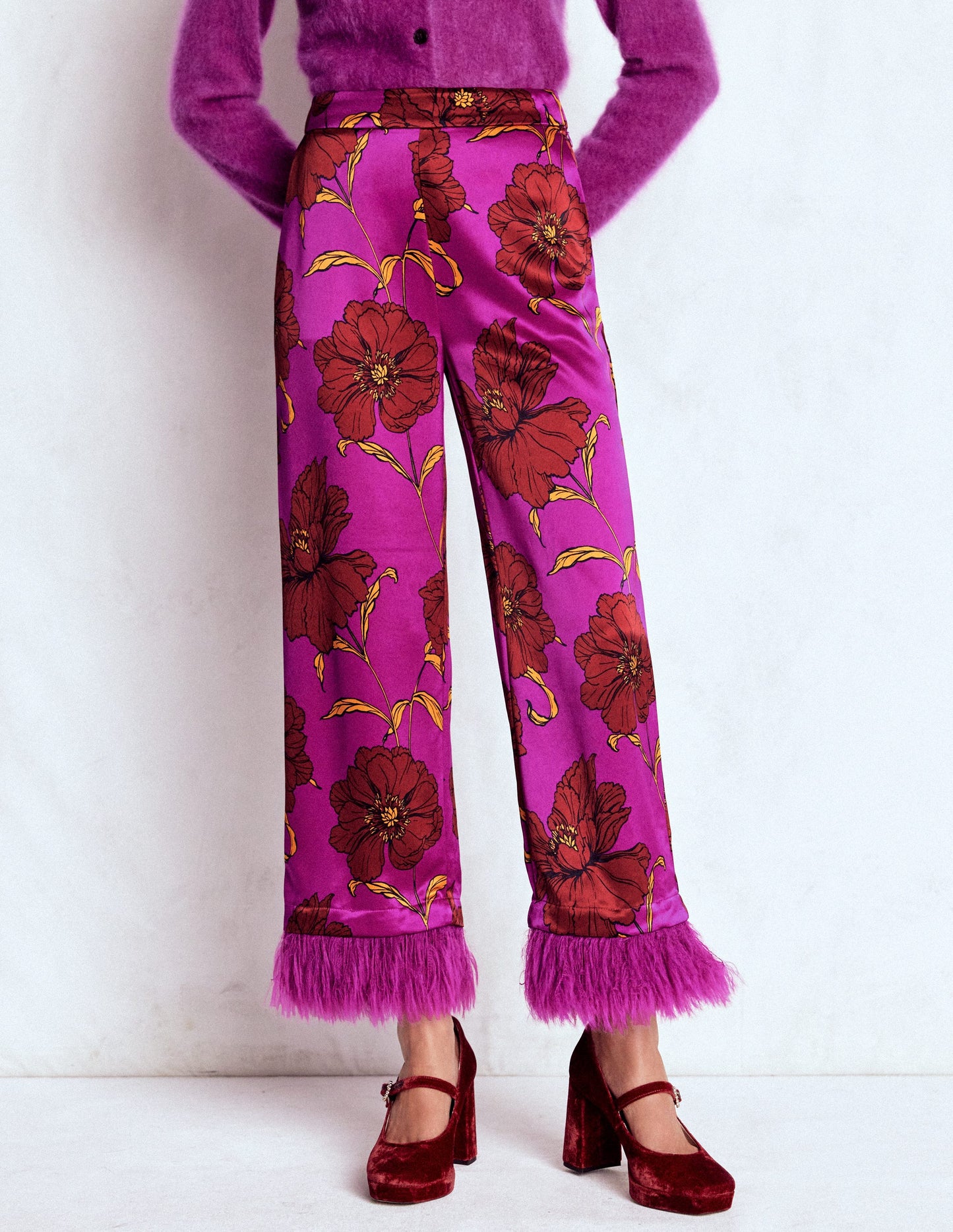 Faux Feather Trim Trousers-Hollyhock Peony Bloom