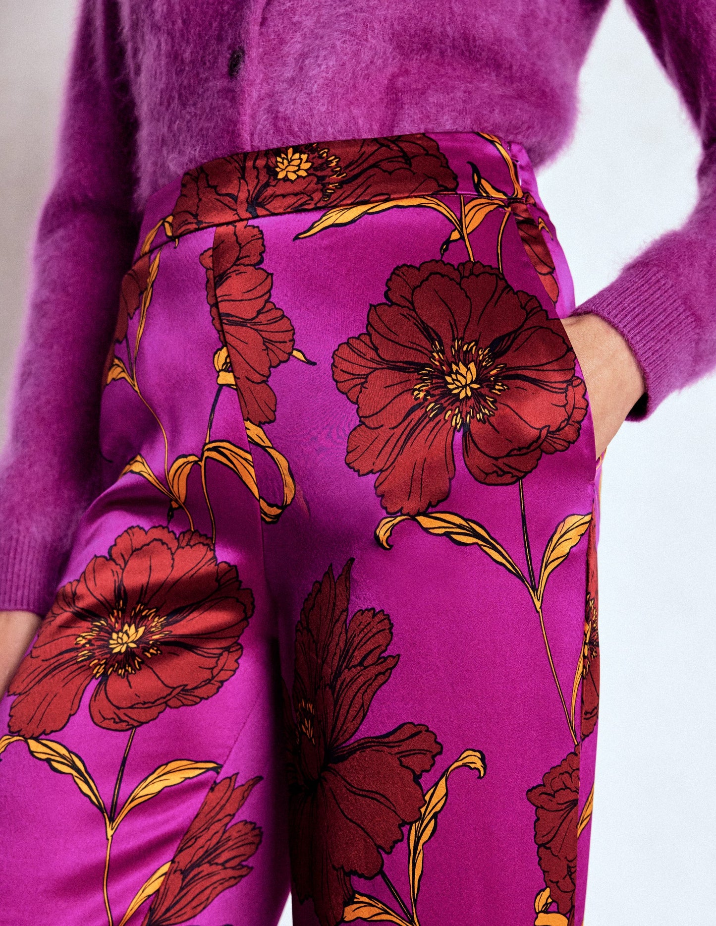 Faux Feather Trim Trousers-Hollyhock Peony Bloom