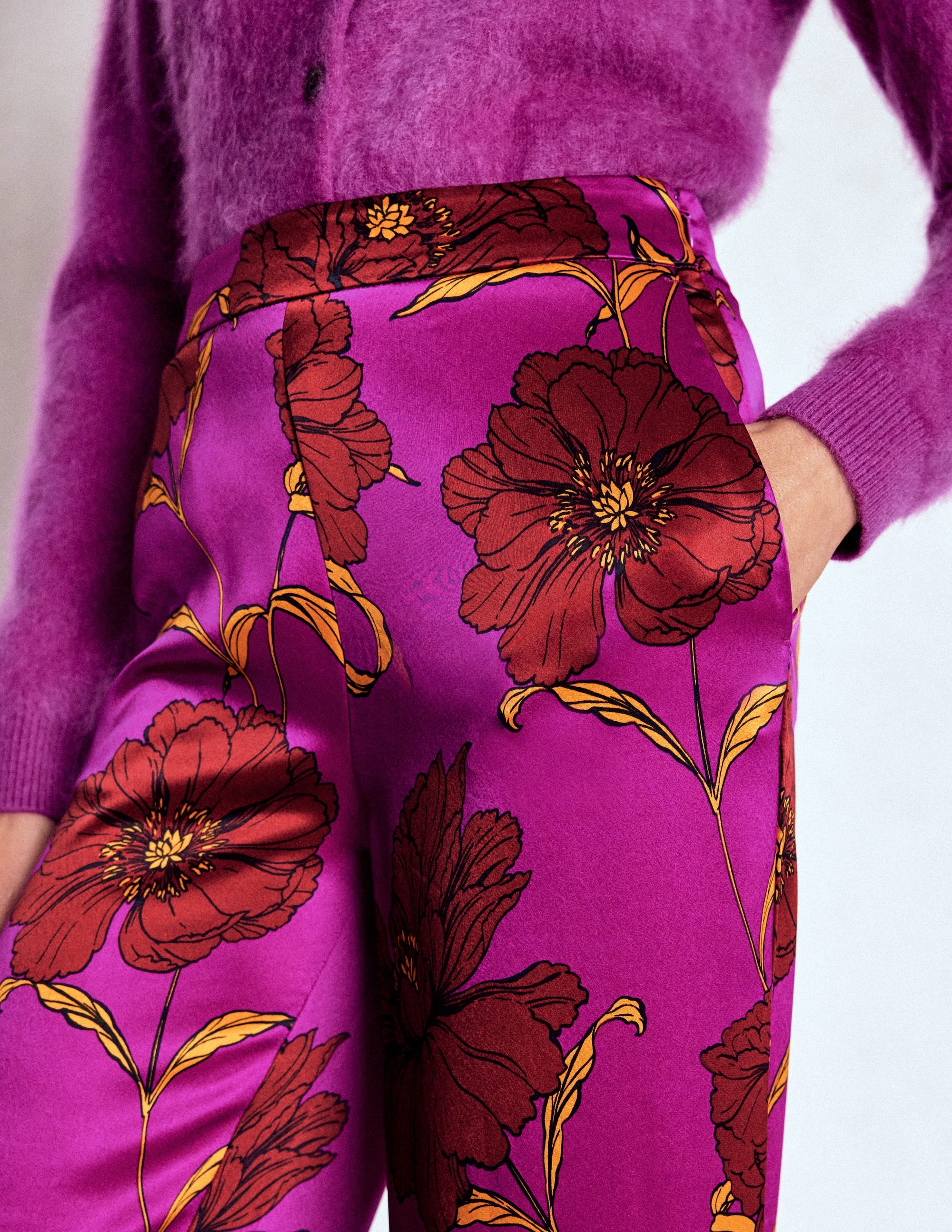 Feather Trim Trousers-Regal Purple, Peony Bloom - Image 5
