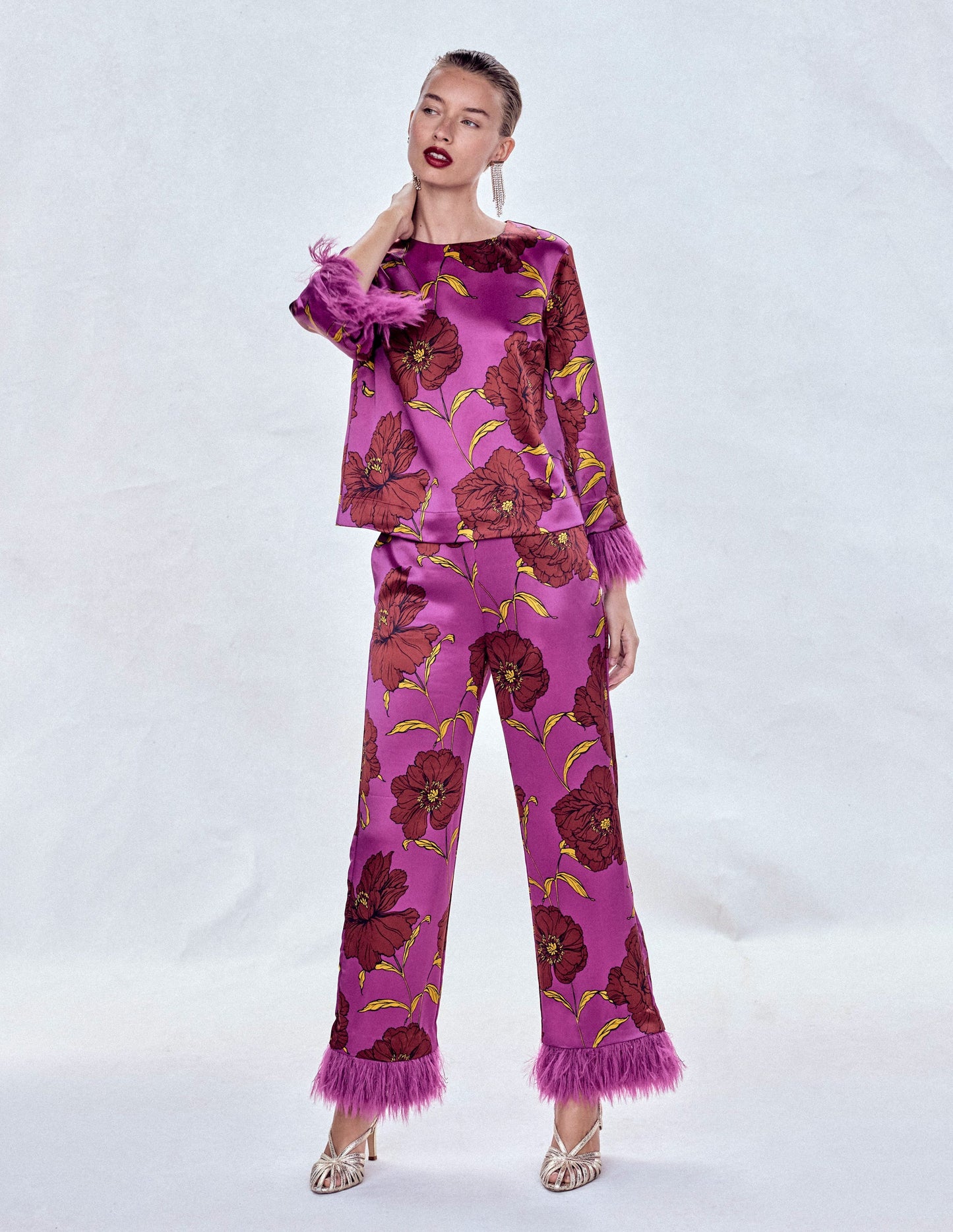Faux Feather Trim Trousers-Regal Purple, Peony Bloom