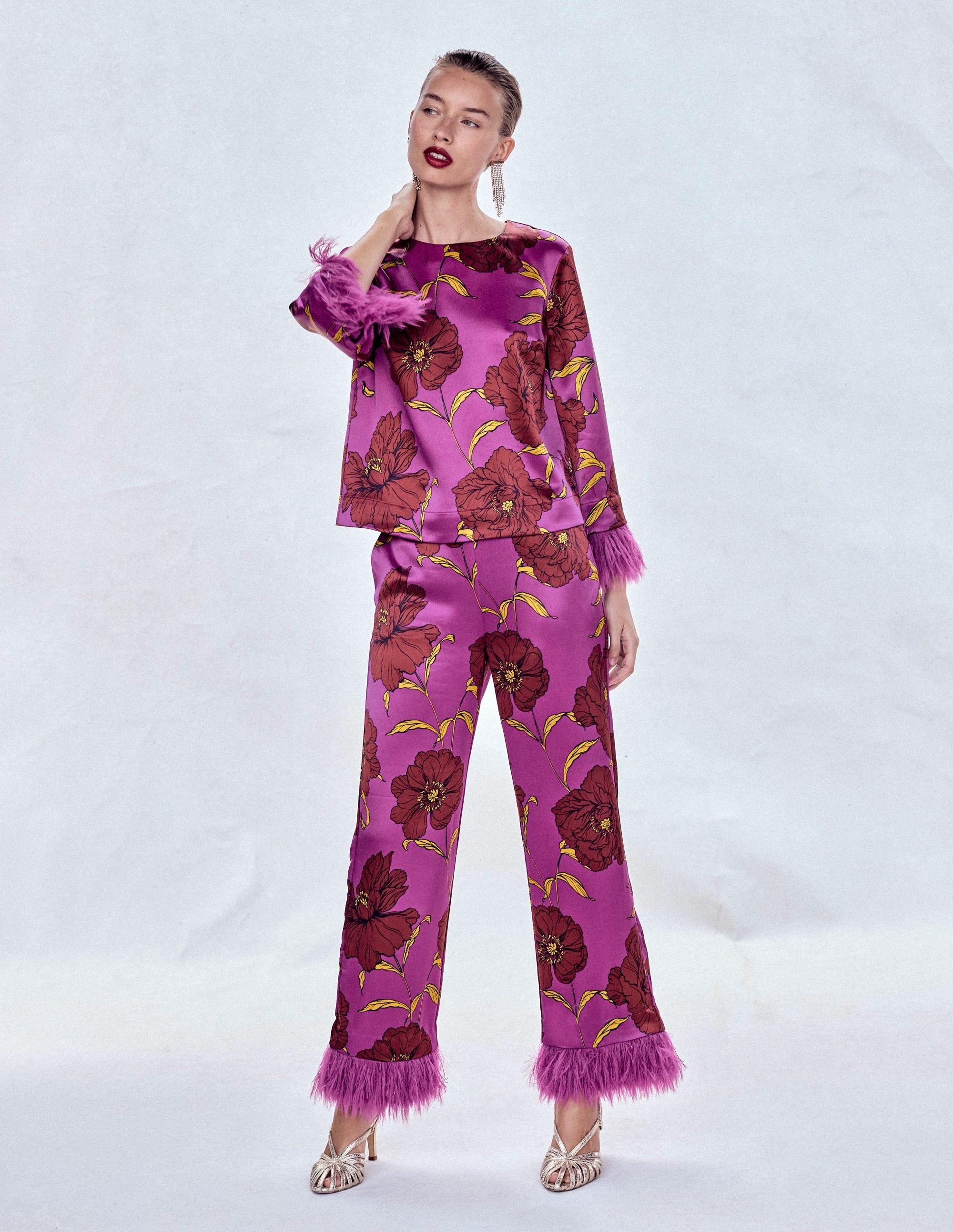 Feather Trim Trousers-Regal Purple, Peony Bloom - Image 7