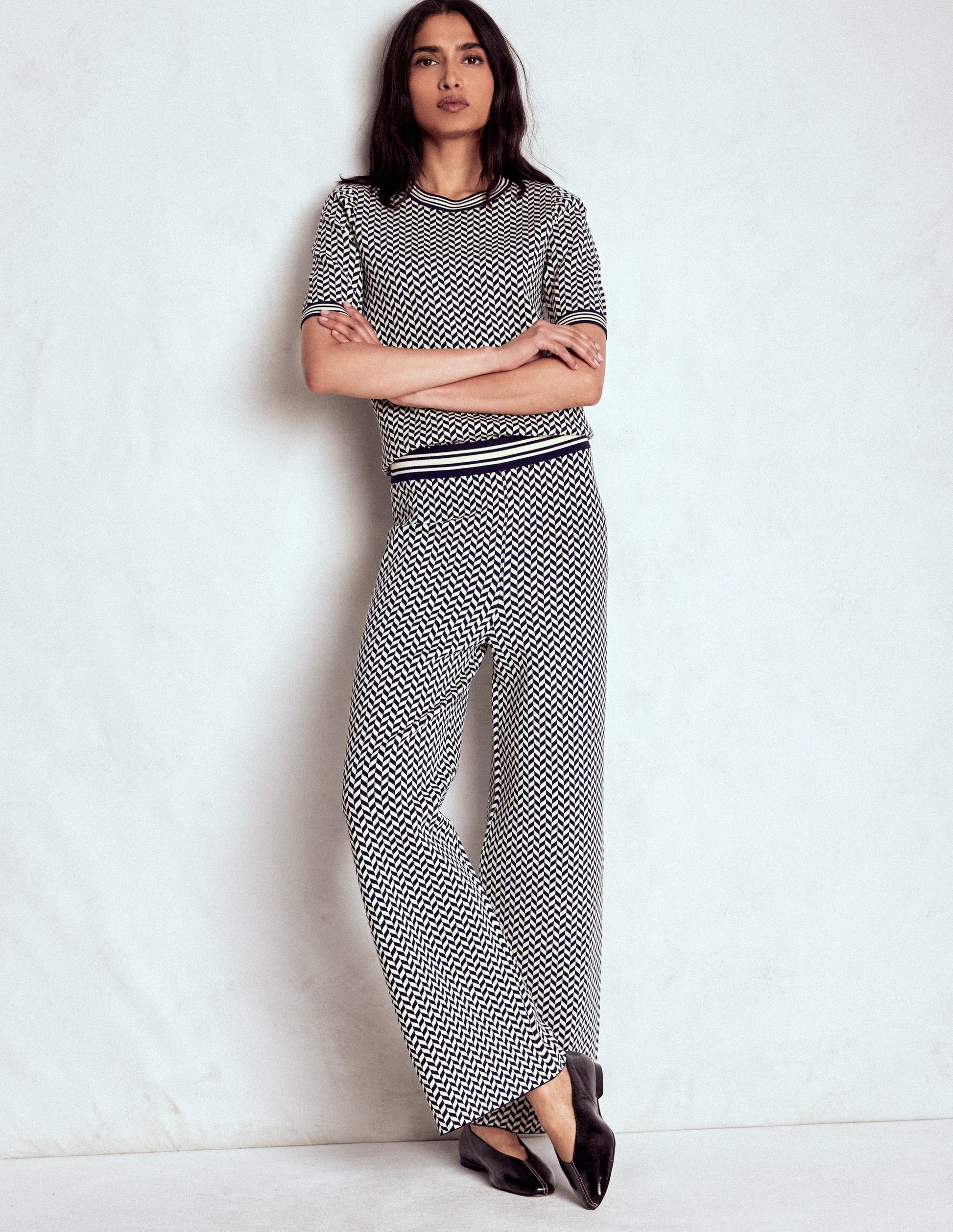 Jacquard Knitted Trousers-Geo Navy and Ivory Jacquard-1