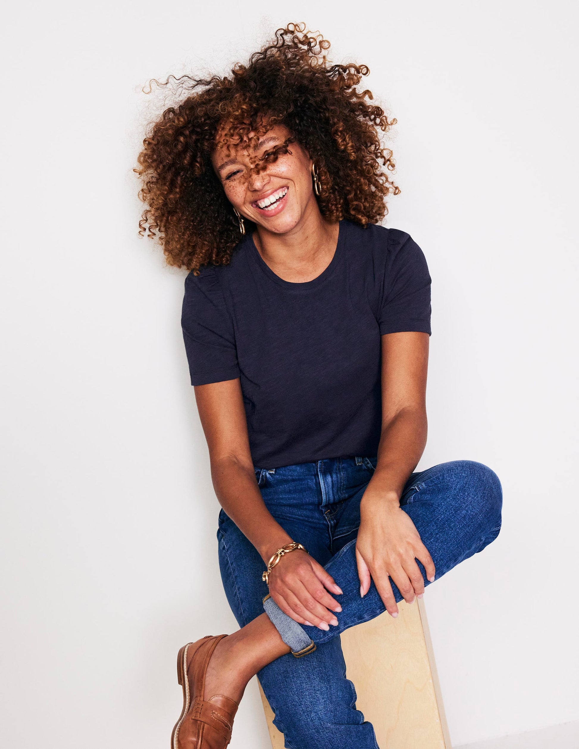 Cotton Puff Sleeve T-Shirt-Navy-1