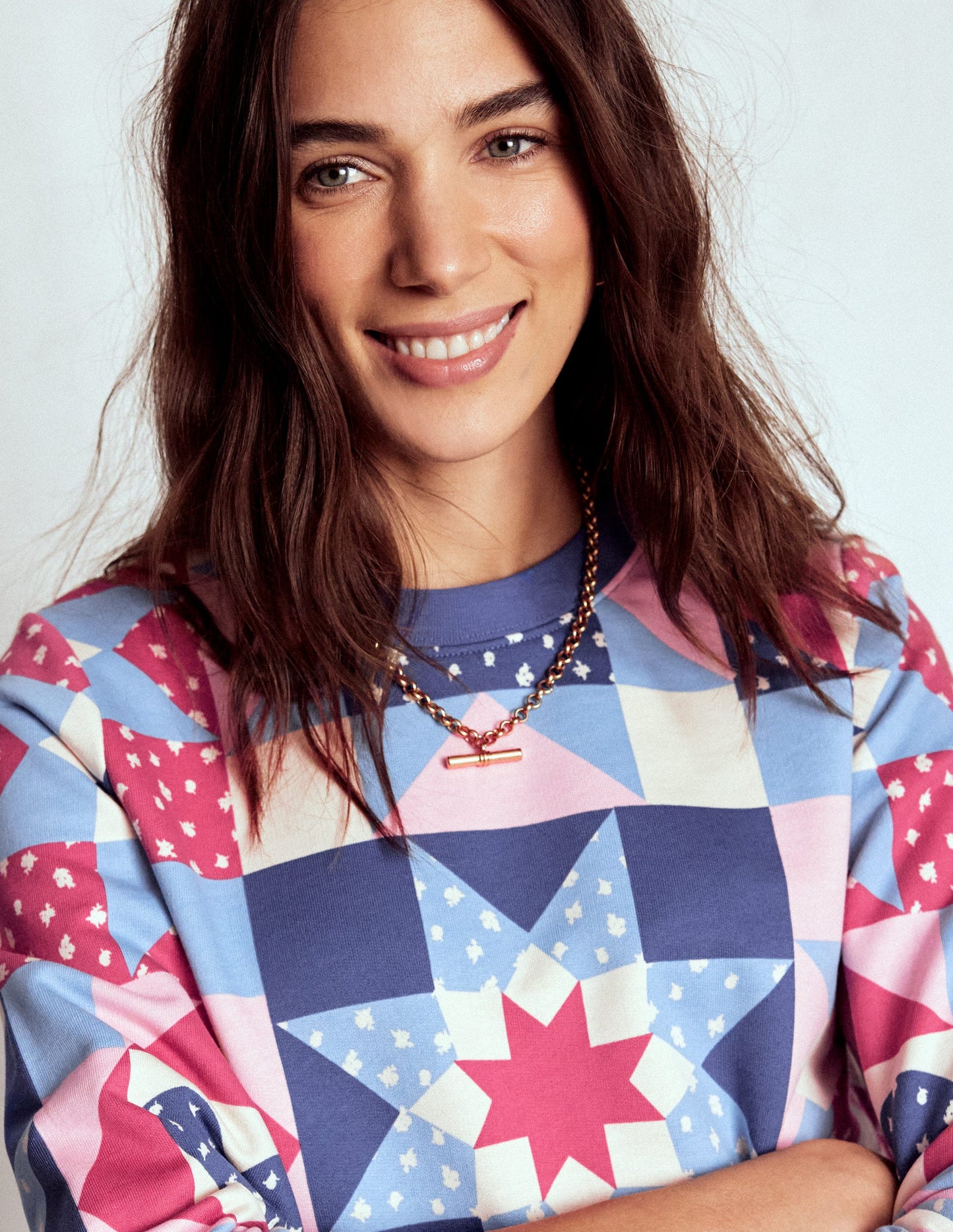 Hannah Printed Sweatshirt-Multi, Heart Patchwork