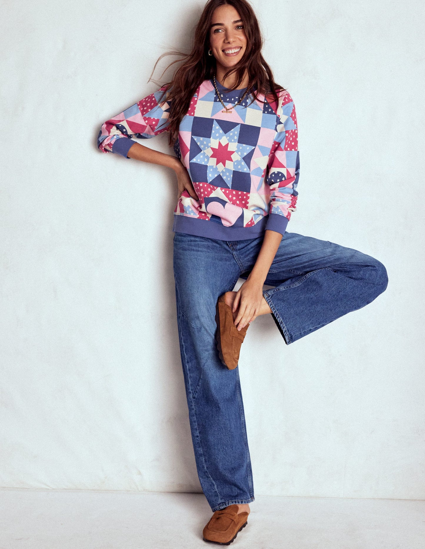 Hannah Printed Sweatshirt-Multi, Heart Patchwork