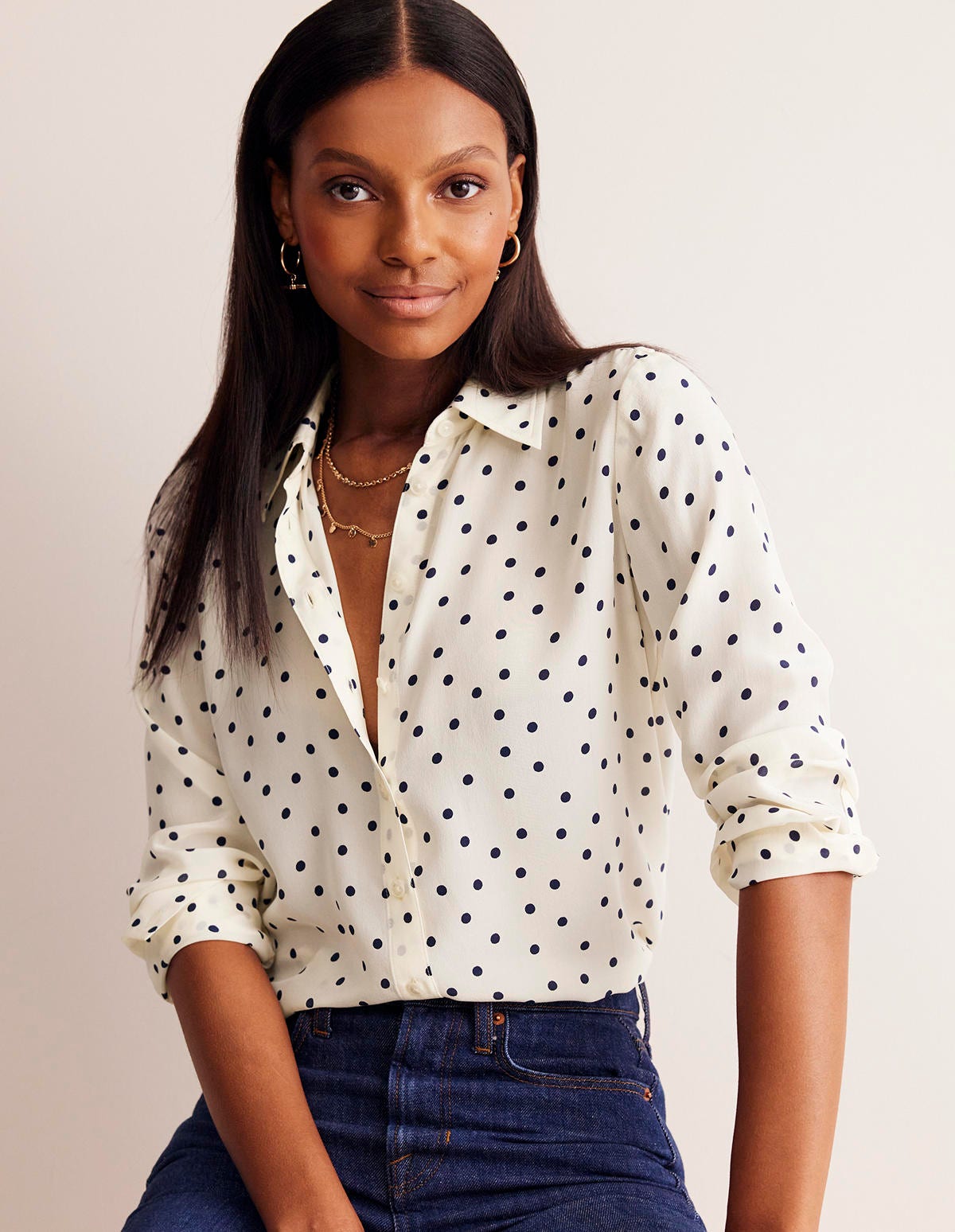 Sienna Silk Shirt-Ivory and Navy, Sparse Spot - Image 1
