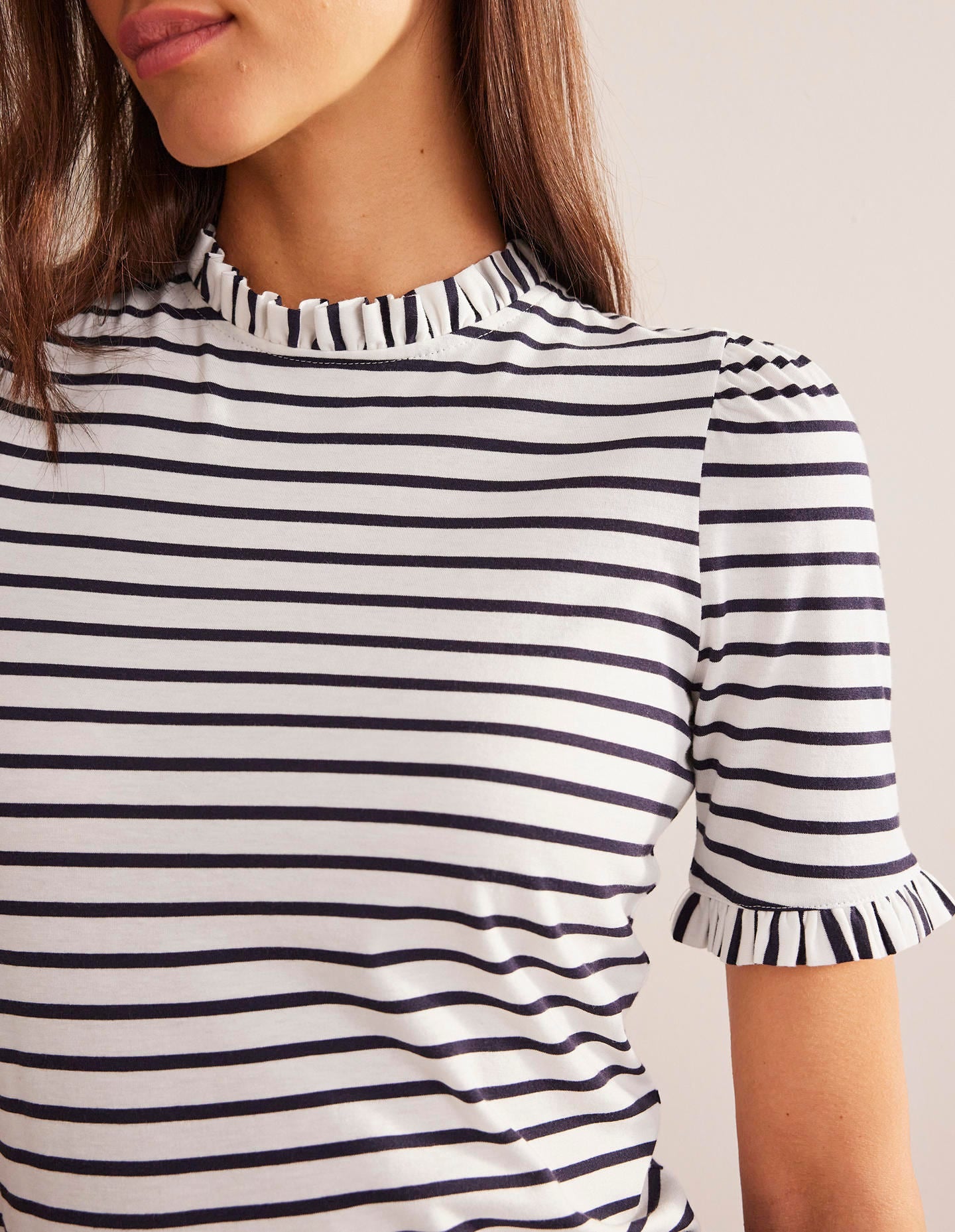 Supersoft Frill Detail T-shirt-Ivory, Navy Stripe-2
