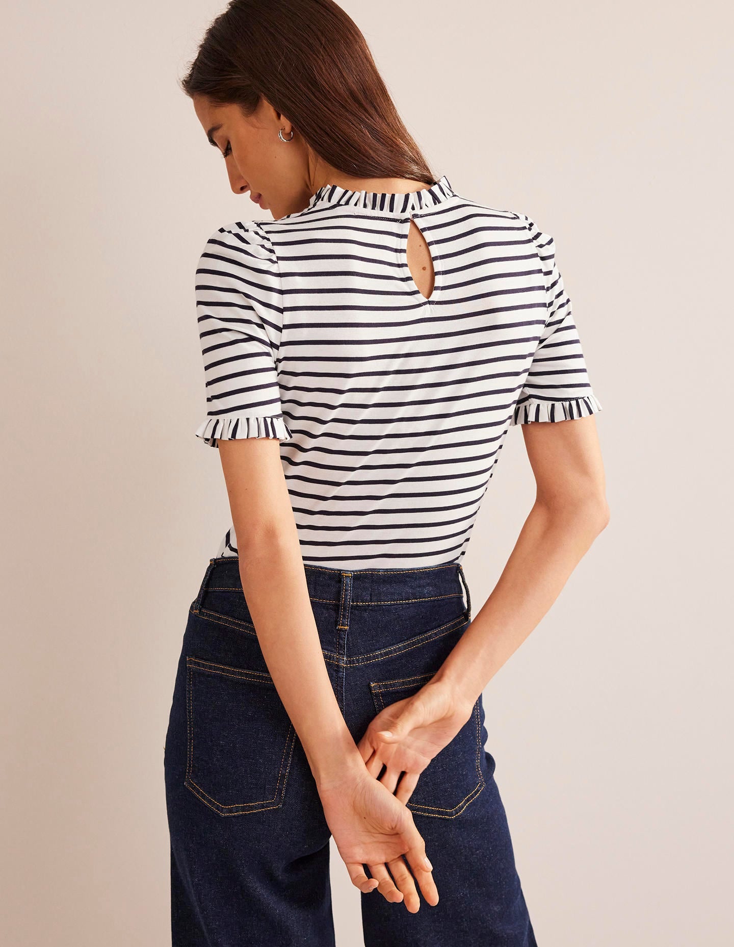Supersoft Frill Detail T-shirt-Ivory, Navy Stripe - Image 3