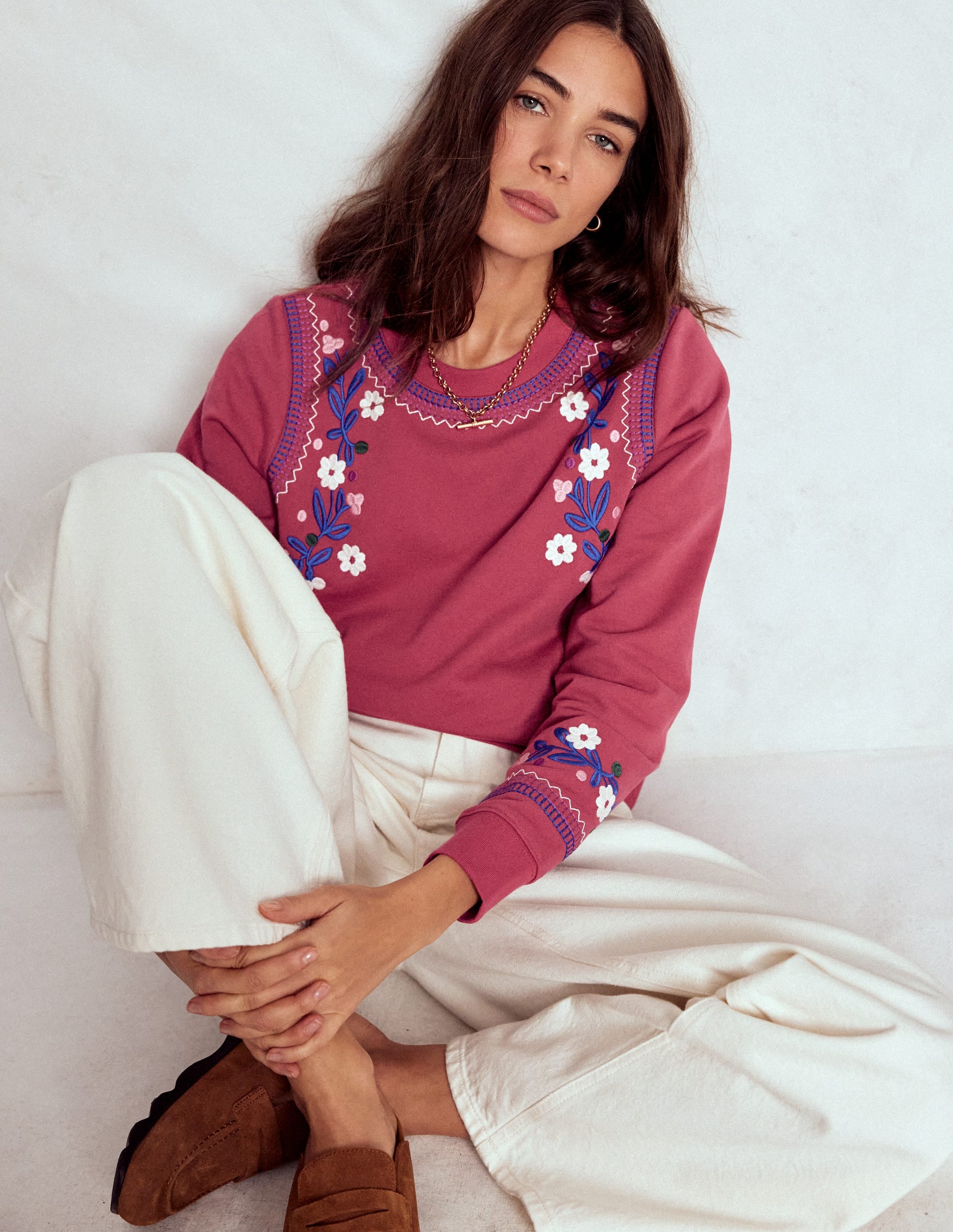 Hannah Embroidered Sweatshirt-Earth Red, Multi Floral - Image 1