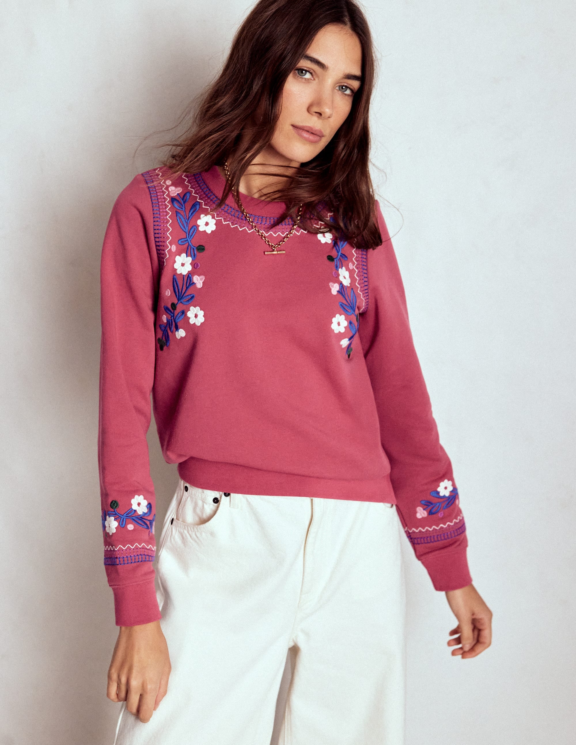 Hannah Embroidered Sweatshirt-Earth Red, Multi Floral - Image 5