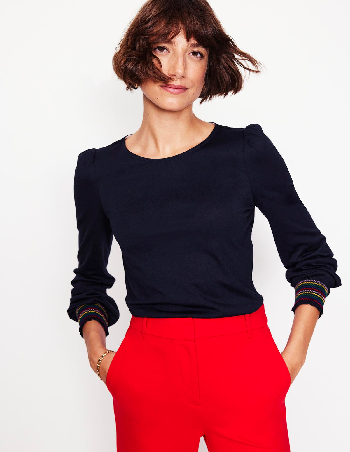 Smocked Cuff Supersoft Top-Navy - Image 1