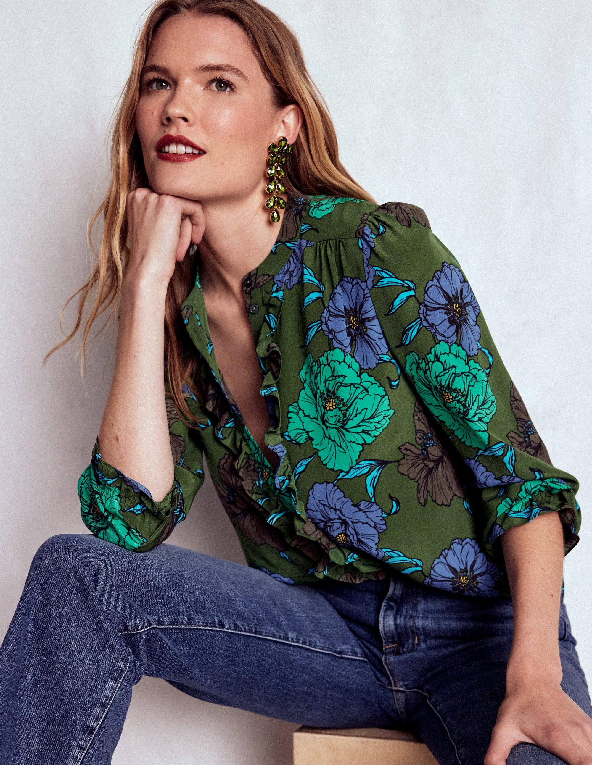 Alice Frill Front Silk Top-Green, Peony Bloom - Image 1