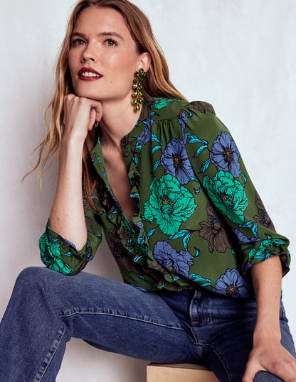 Alice Frill Front Silk Top-Green, Peony Bloom-1