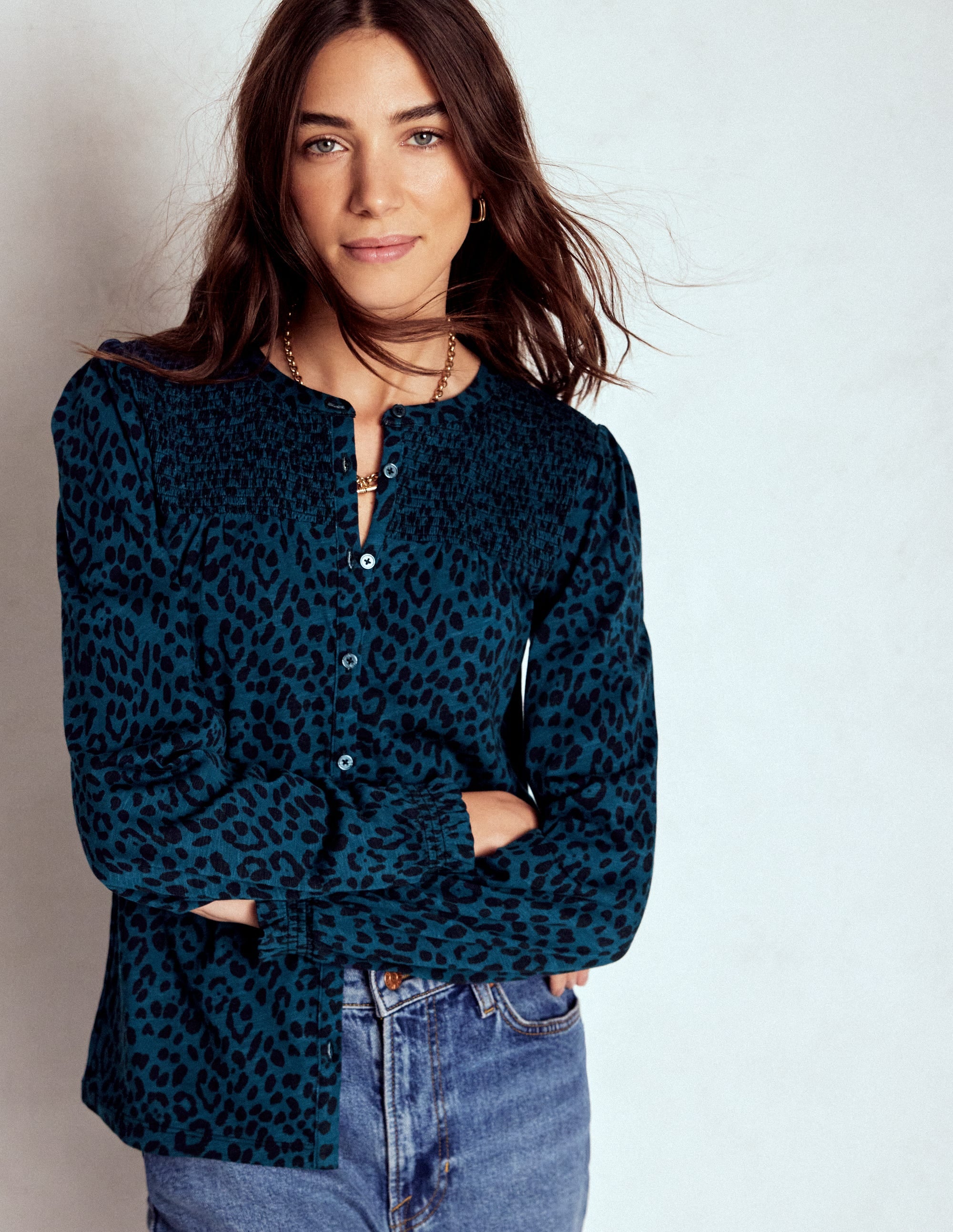 Elsa Smocked Yoke Jersey Shirt-Teal Leopard - Image 1