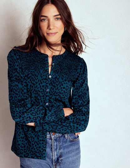 Elsa Smocked Yoke Jersey Shirt-Teal Leopard-2