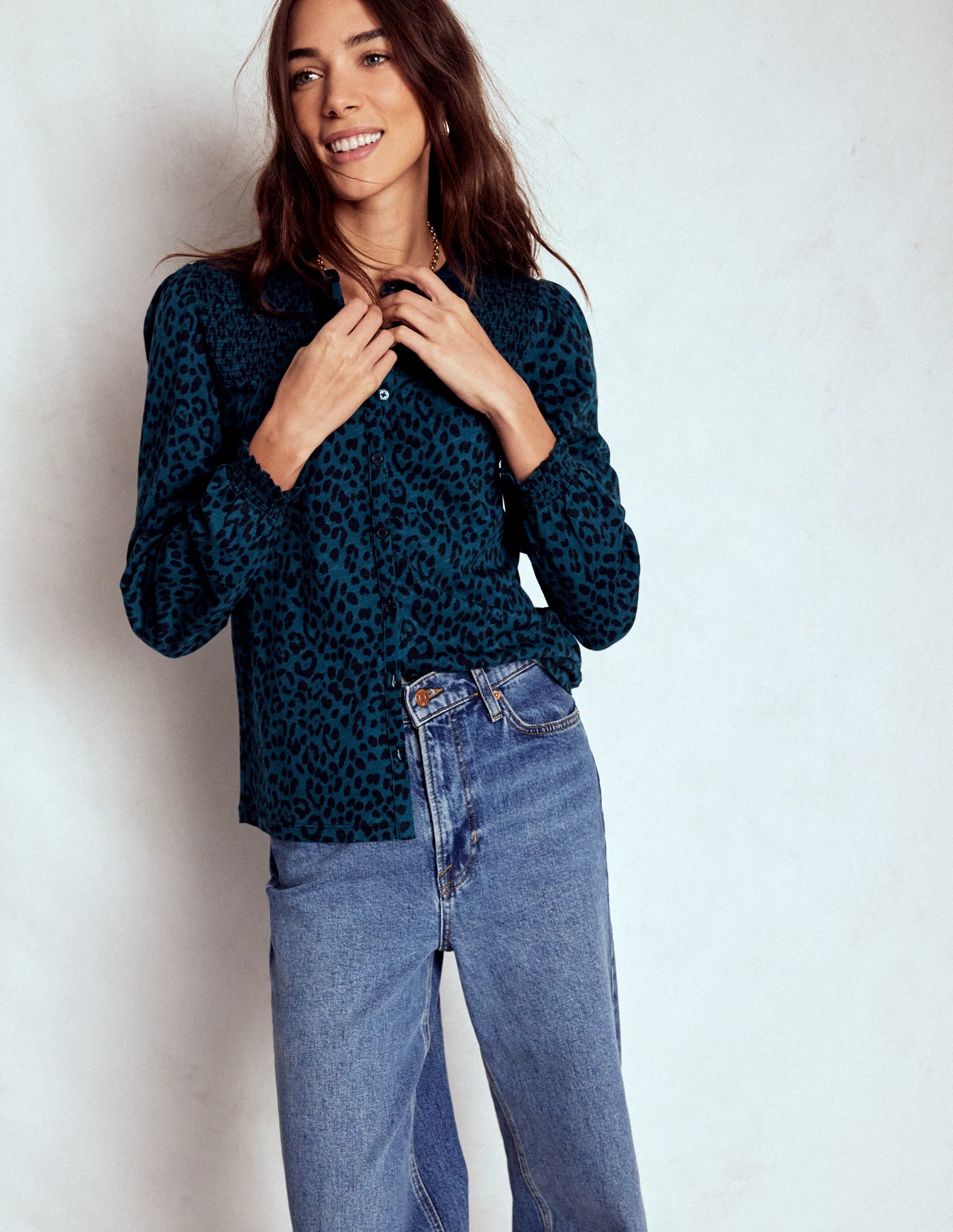 Elsa Smocked Yoke Jersey Shirt-Teal Leopard - Image 4