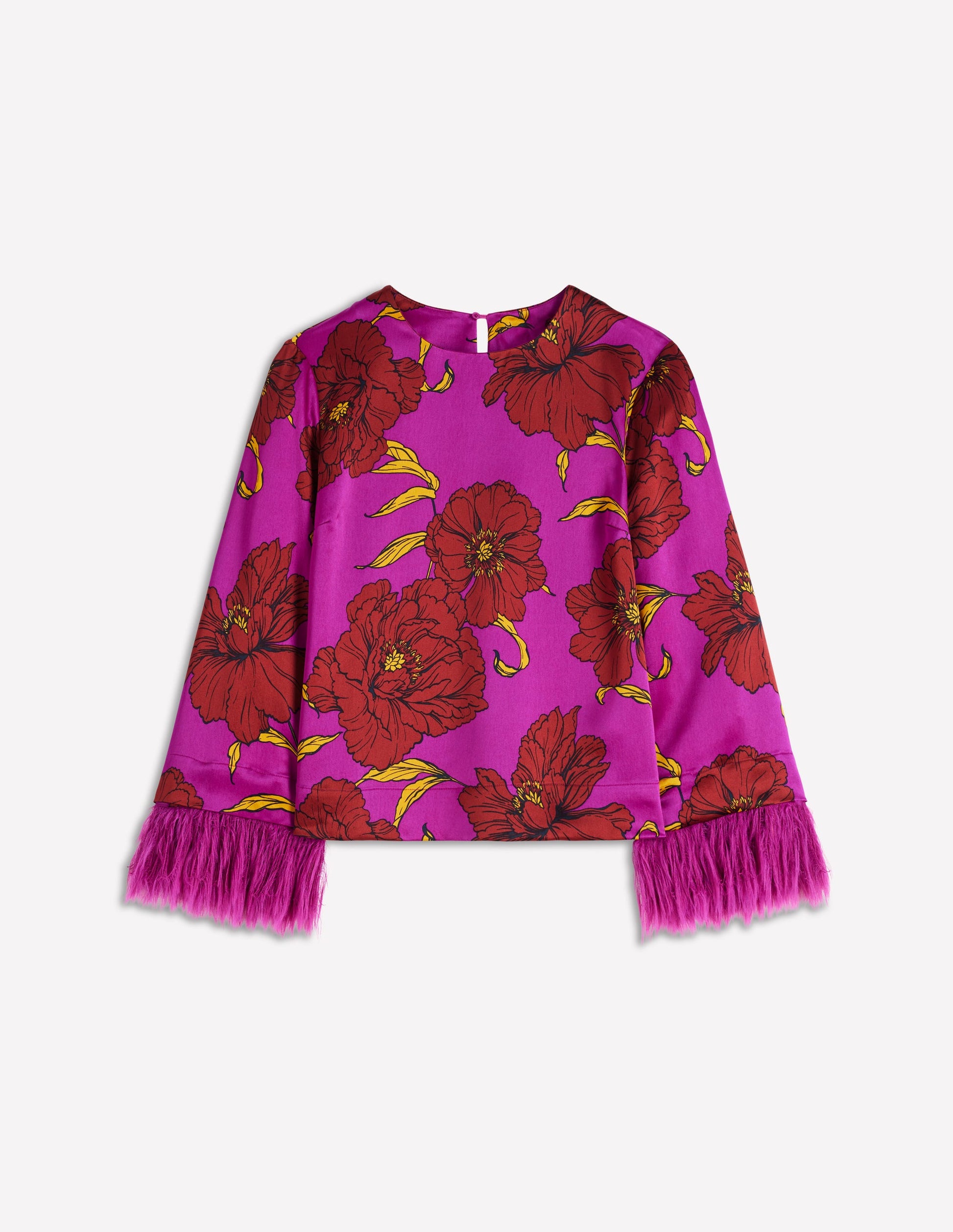 Faux Feather Trim Party Top-Purple Floral-7