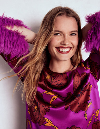 Faux Feather Trim Party Top-Purple Floral-1