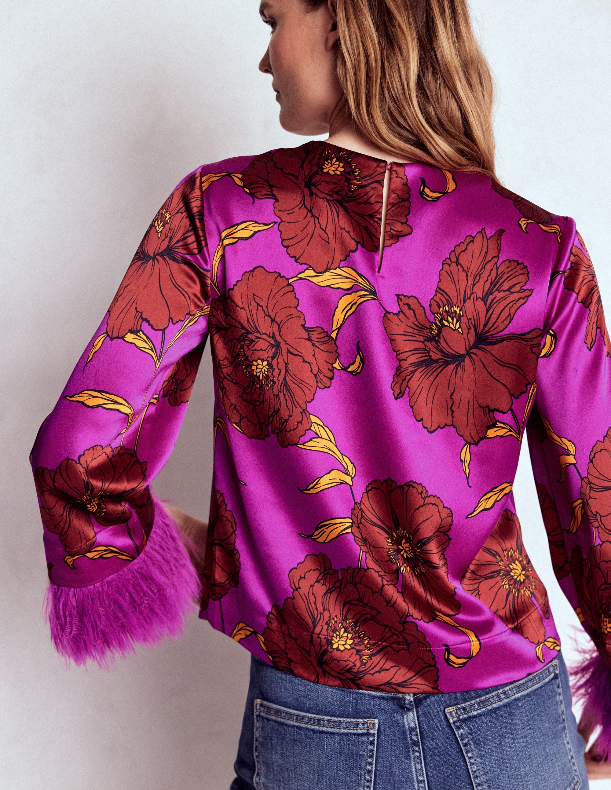 Faux Feather Trim Party Top-Regal Purple, Peony Bloom - Image 3