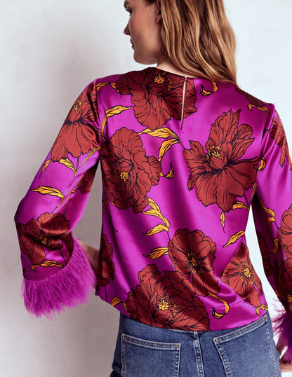 Faux Feather Trim Party Top-Purple Floral-3