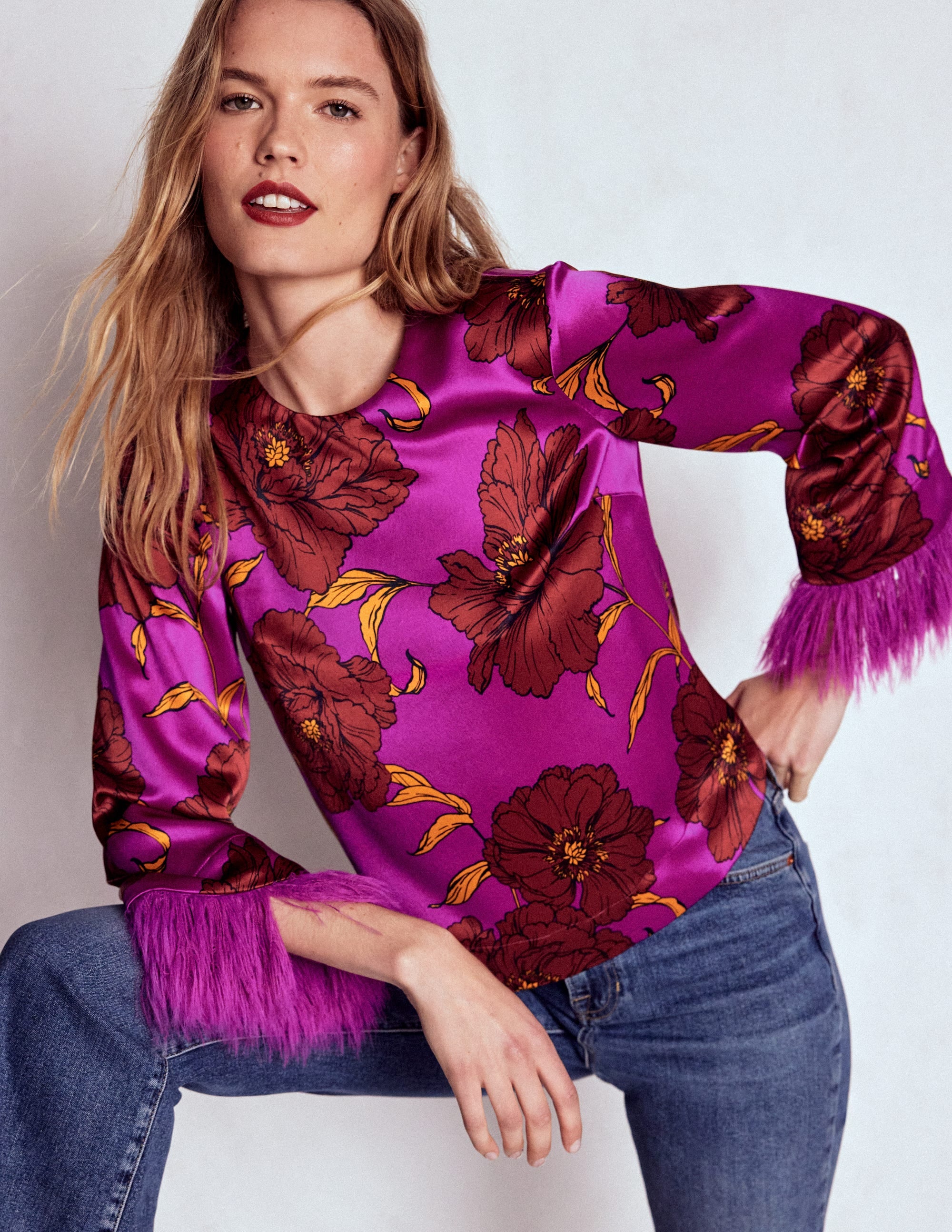 Faux Feather Trim Party Top-Regal Purple, Peony Bloom - Image 4