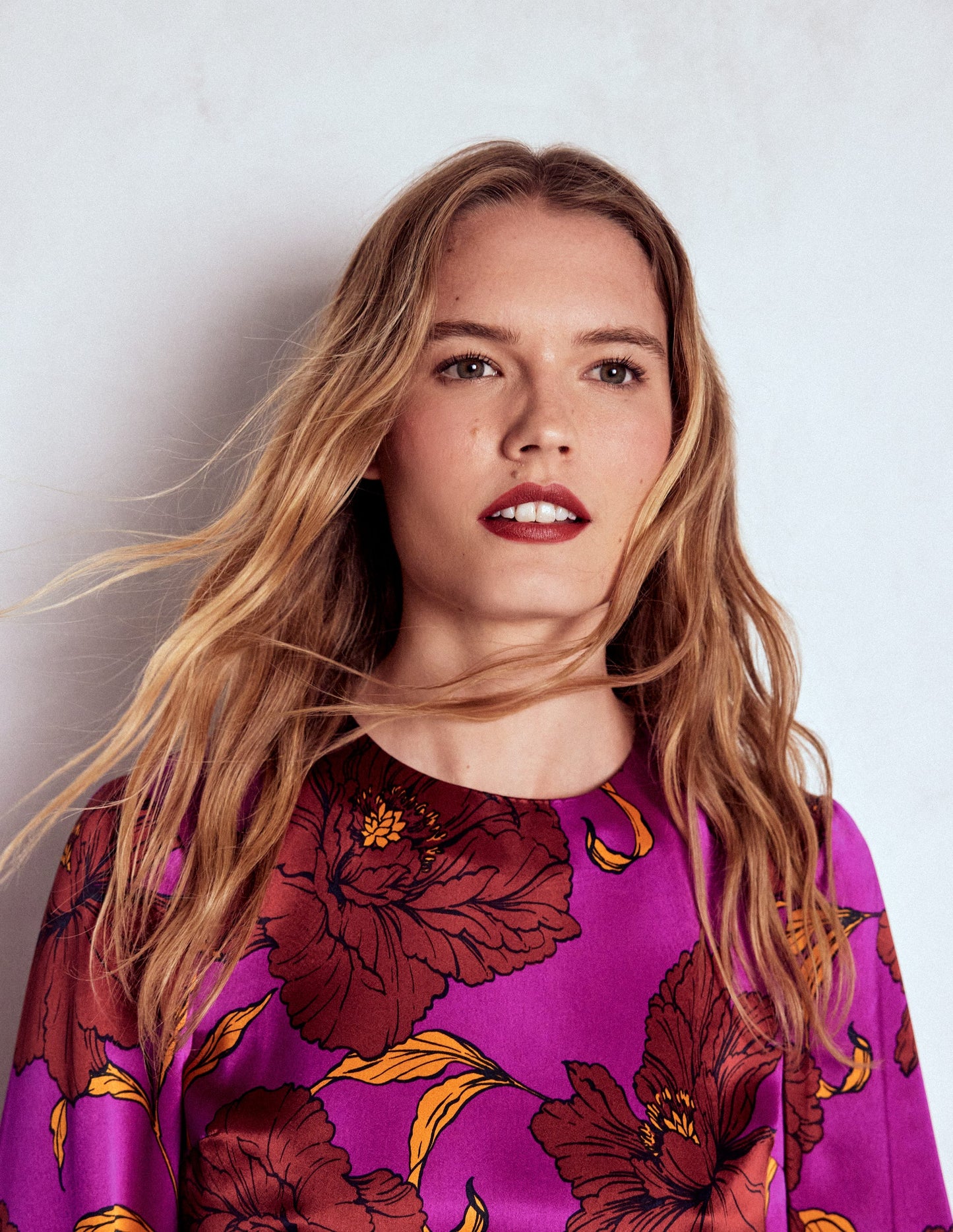 Faux Feather Trim Party Top-Purple Floral