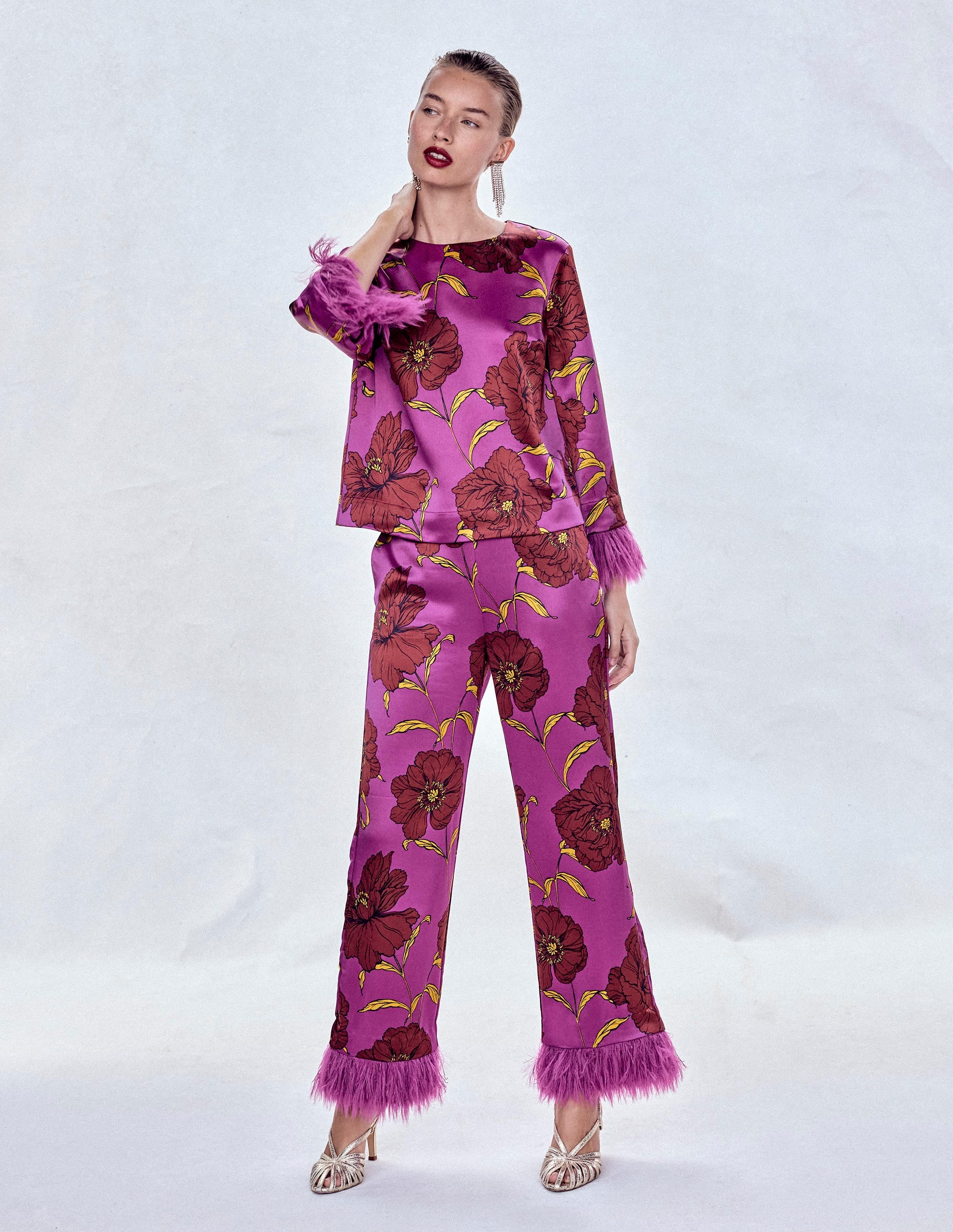 Faux Feather Trim Party Top-Regal Purple, Peony Bloom - Image 6