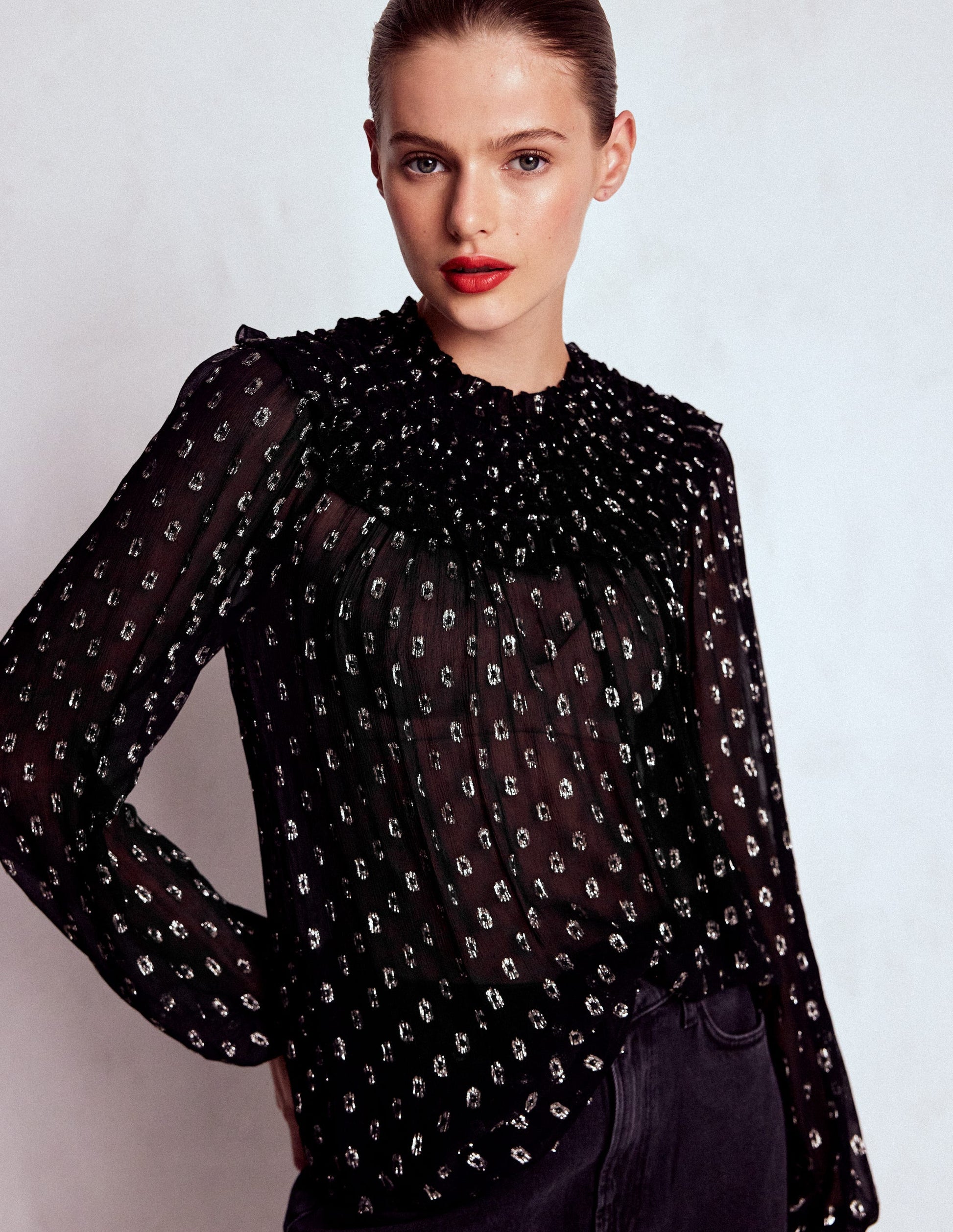 Metallic Ruffle Collar Top-Black, Lurex Clip-2