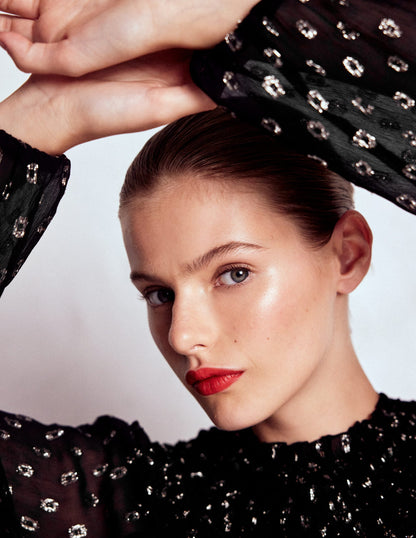 Metallic Ruffle Collar Top-Black, Lurex Clip-6