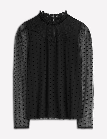 Tulle Yoke Embroidered Top-Black Spot-7