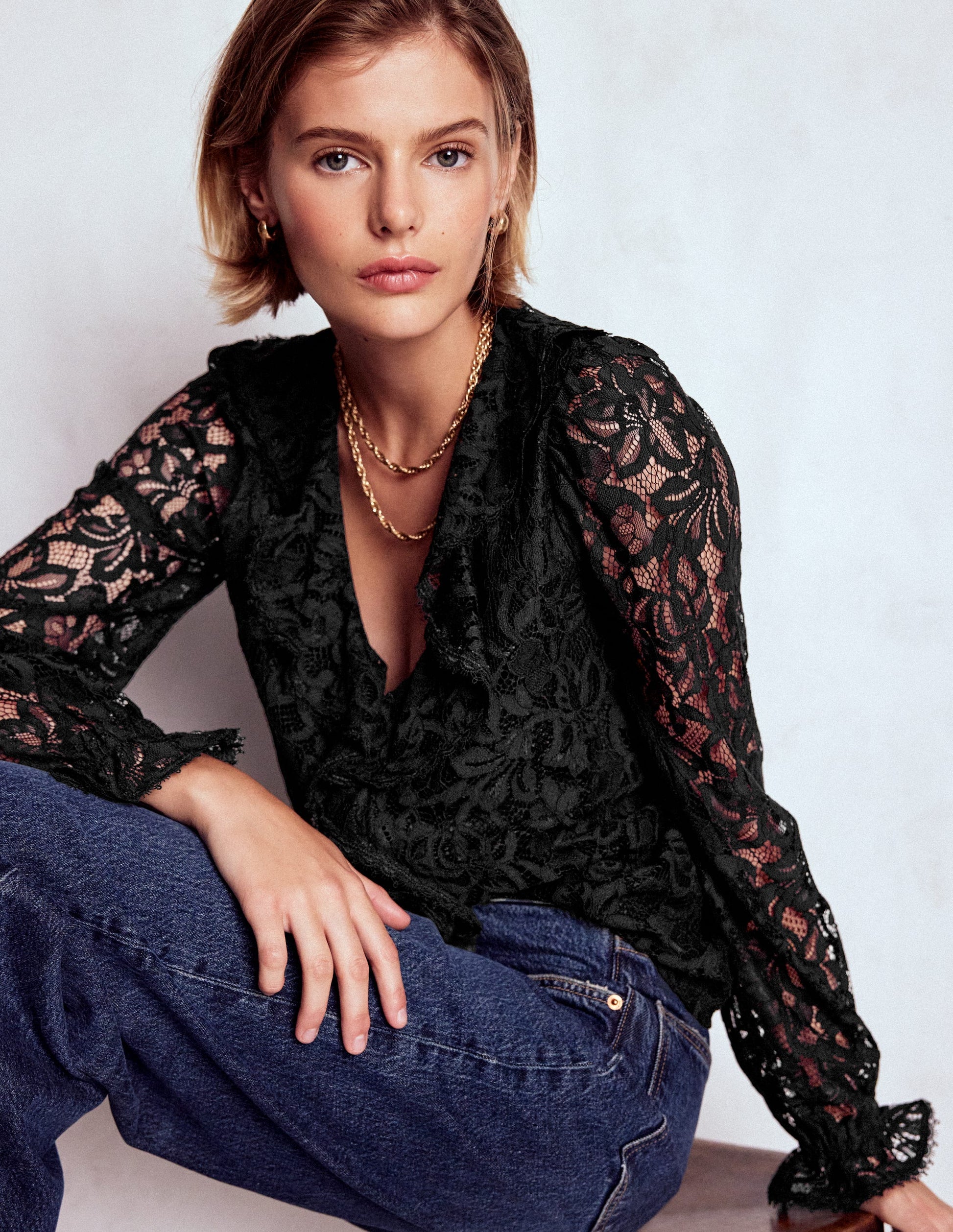 Ruffle Detail Lace Blouse-Black-2
