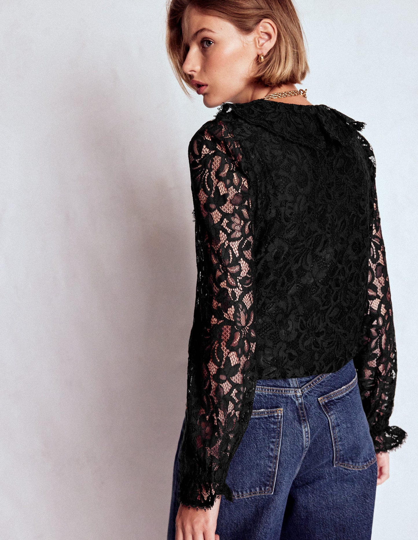 Ruffle Detail Lace Blouse-Black