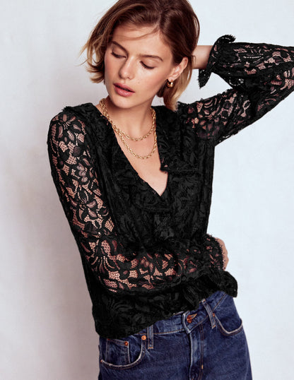 Ruffle Detail Lace Blouse-Black-5