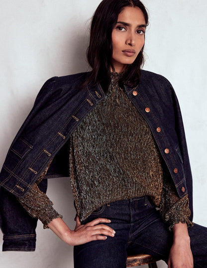 Smocked Neck Metallic Top-Metallic-1