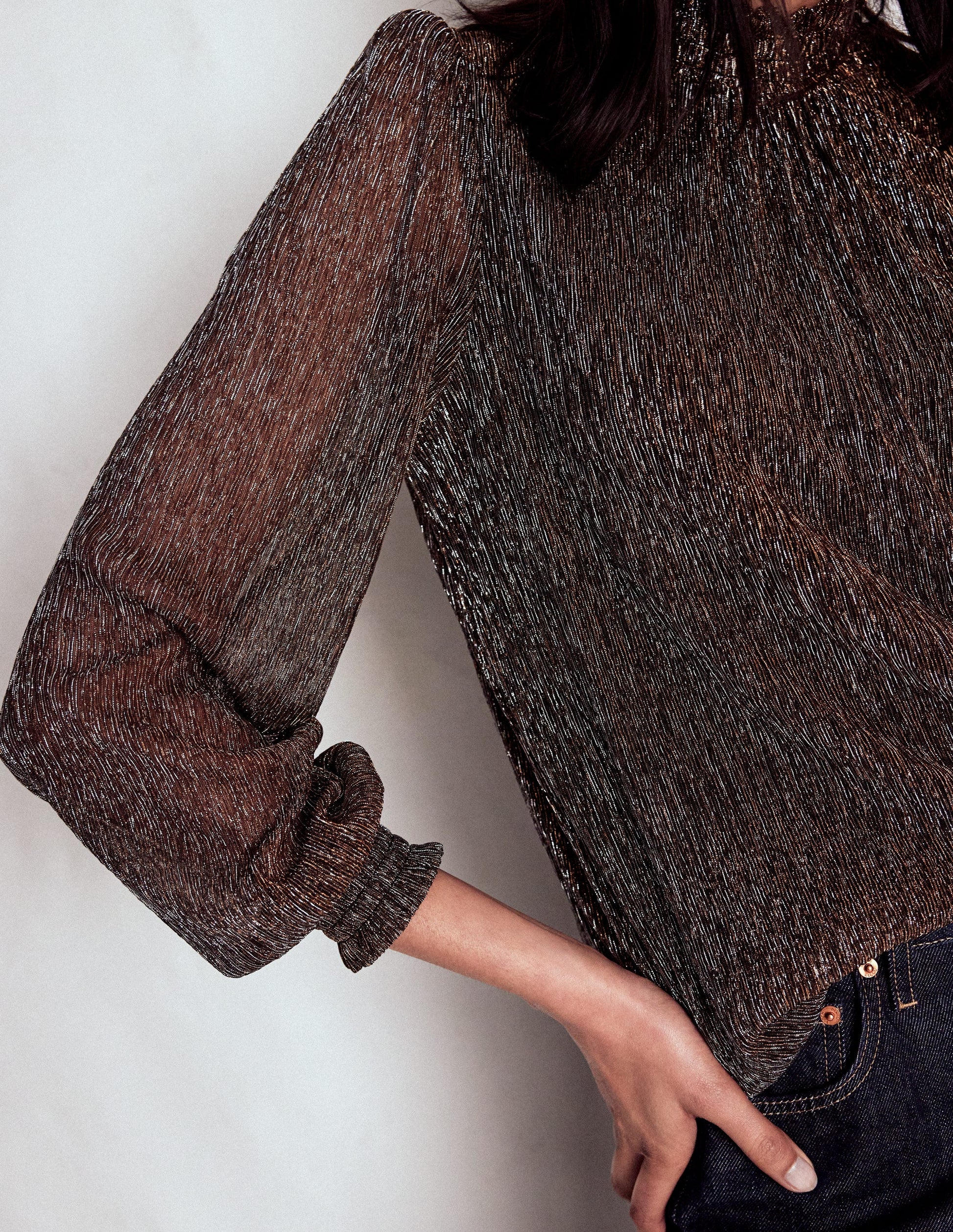 Smocked Neck Metallic Top-Metallic-2