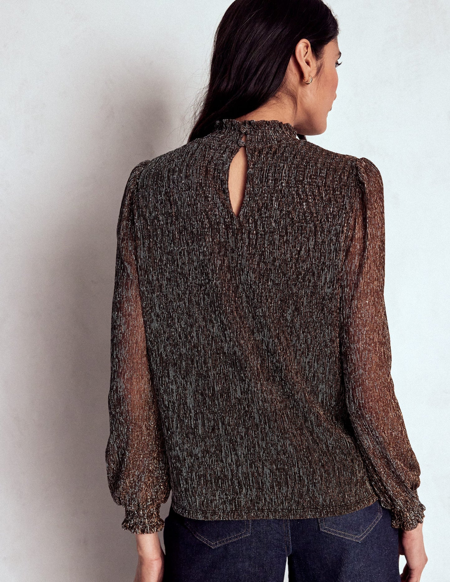 Smocked Neck Metallic Top-Metallic