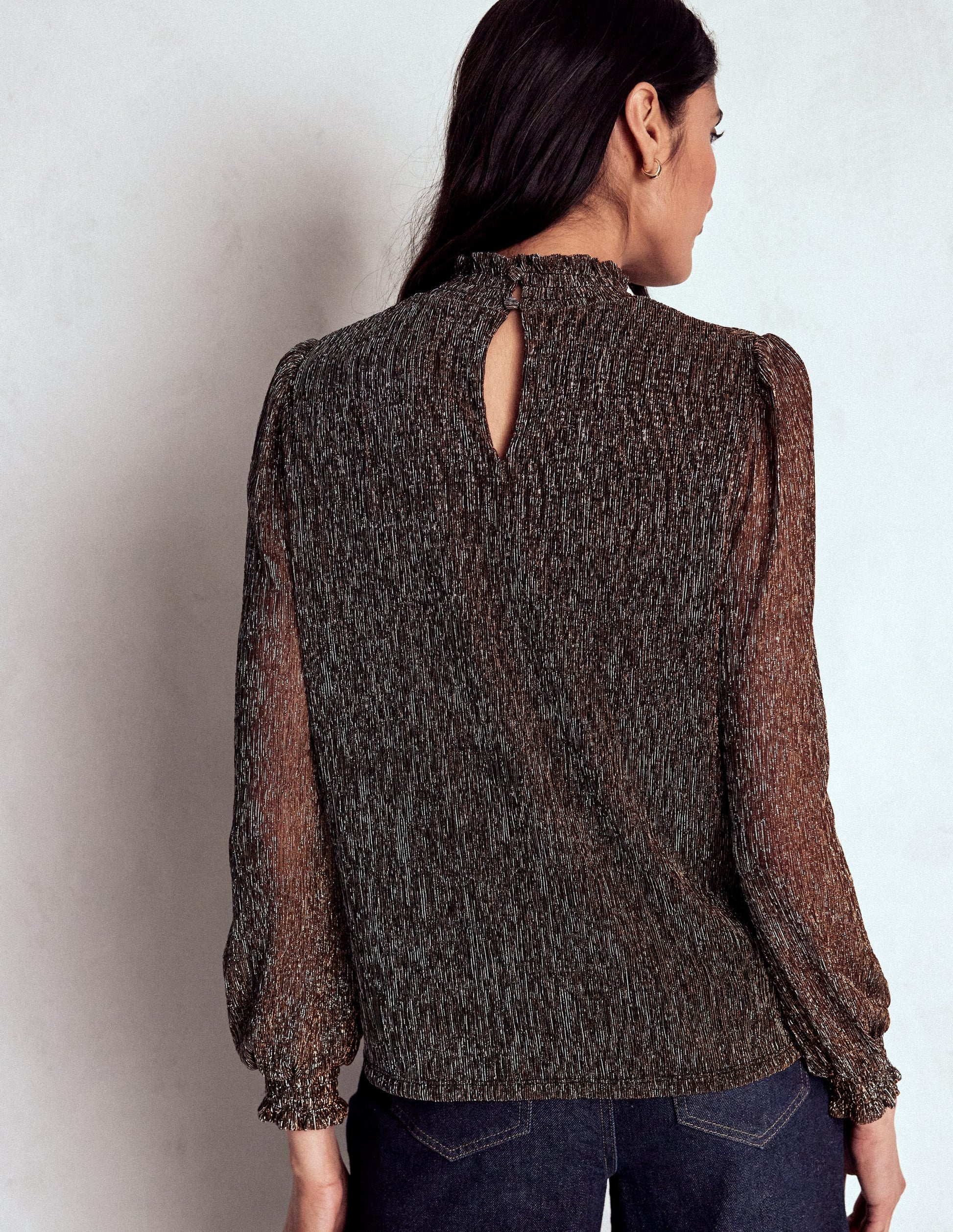 Smocked Neck Metallic Top-Metallic-3