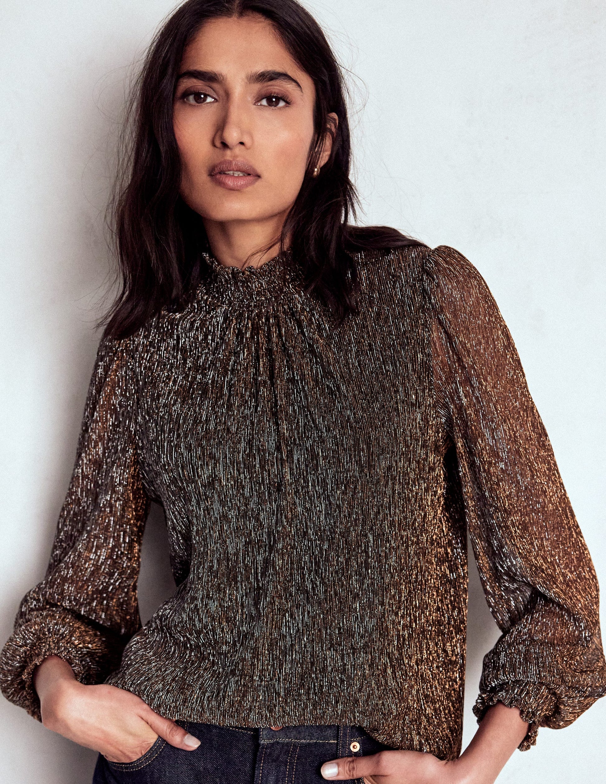 Smocked Neck Metallic Top-Metallic-4