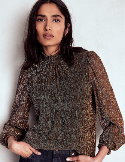 Smocked Neck Metallic Top-Metallic-4