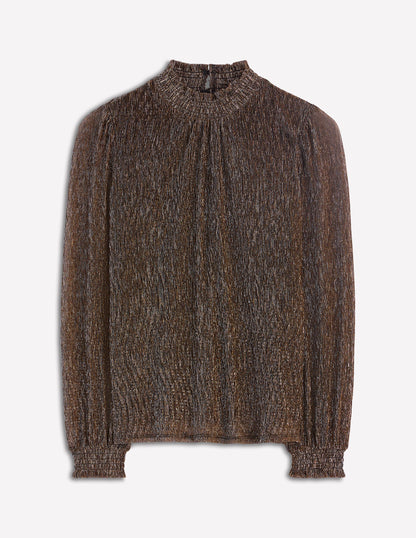 Smocked Neck Metallic Top-Metallic-5