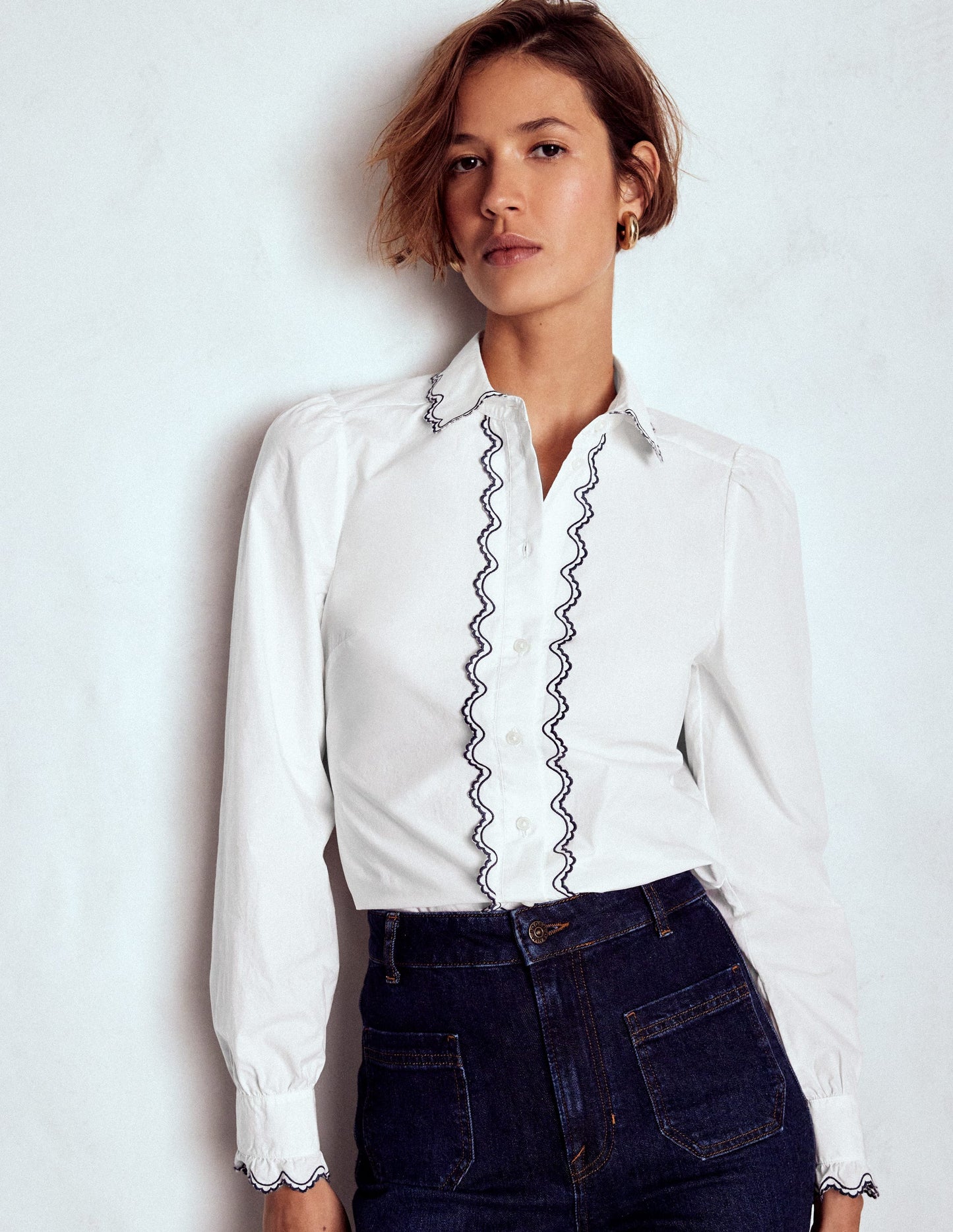 Embroidered Cotton Shirt-White, Navy Embroidery