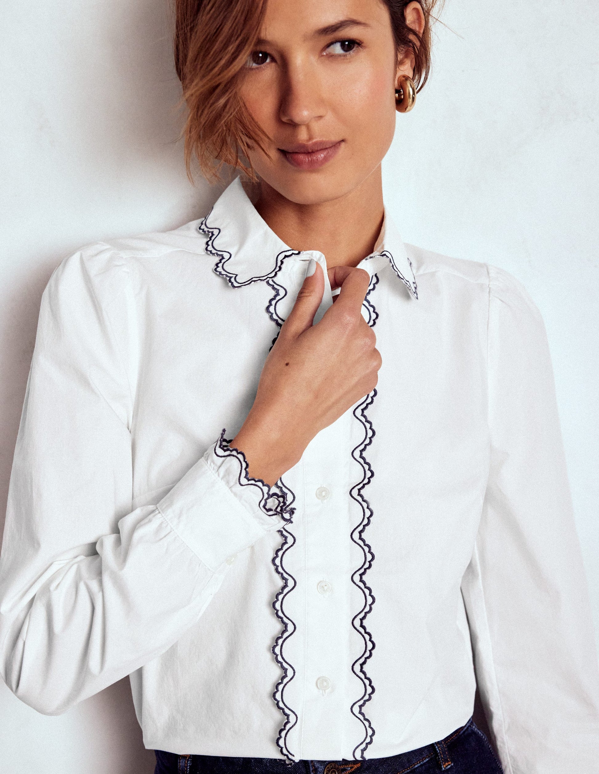 Embroidered Cotton Shirt-White, Navy Embroidery-5