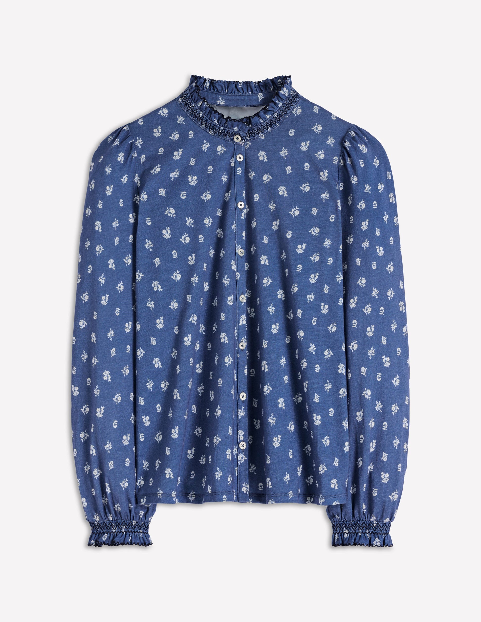 Effie Smocked Detail Shirt-True Navy, Flower Press Small-6