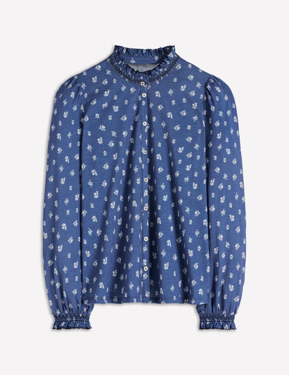 Effie Smocked Detail Shirt-True Navy, Flower Press Small-6