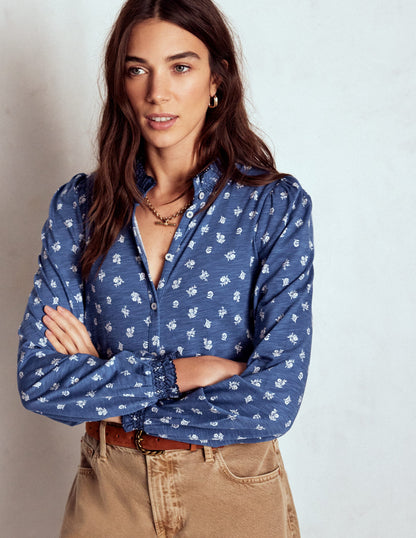 Effie Smocked Detail Shirt-True Navy, Flower Press Small-5