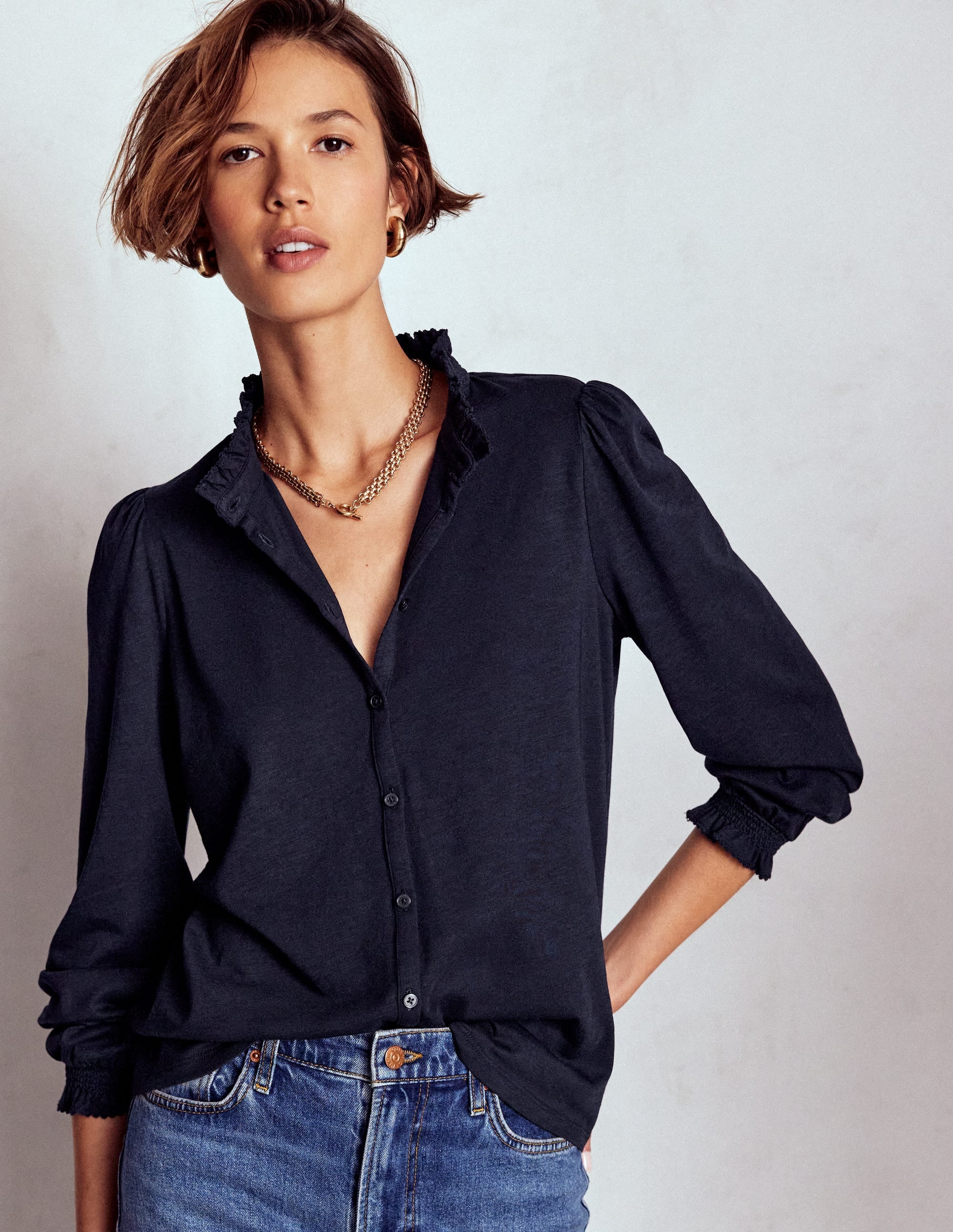 Effie Smocked Detail Shirt-Navy - Image 4