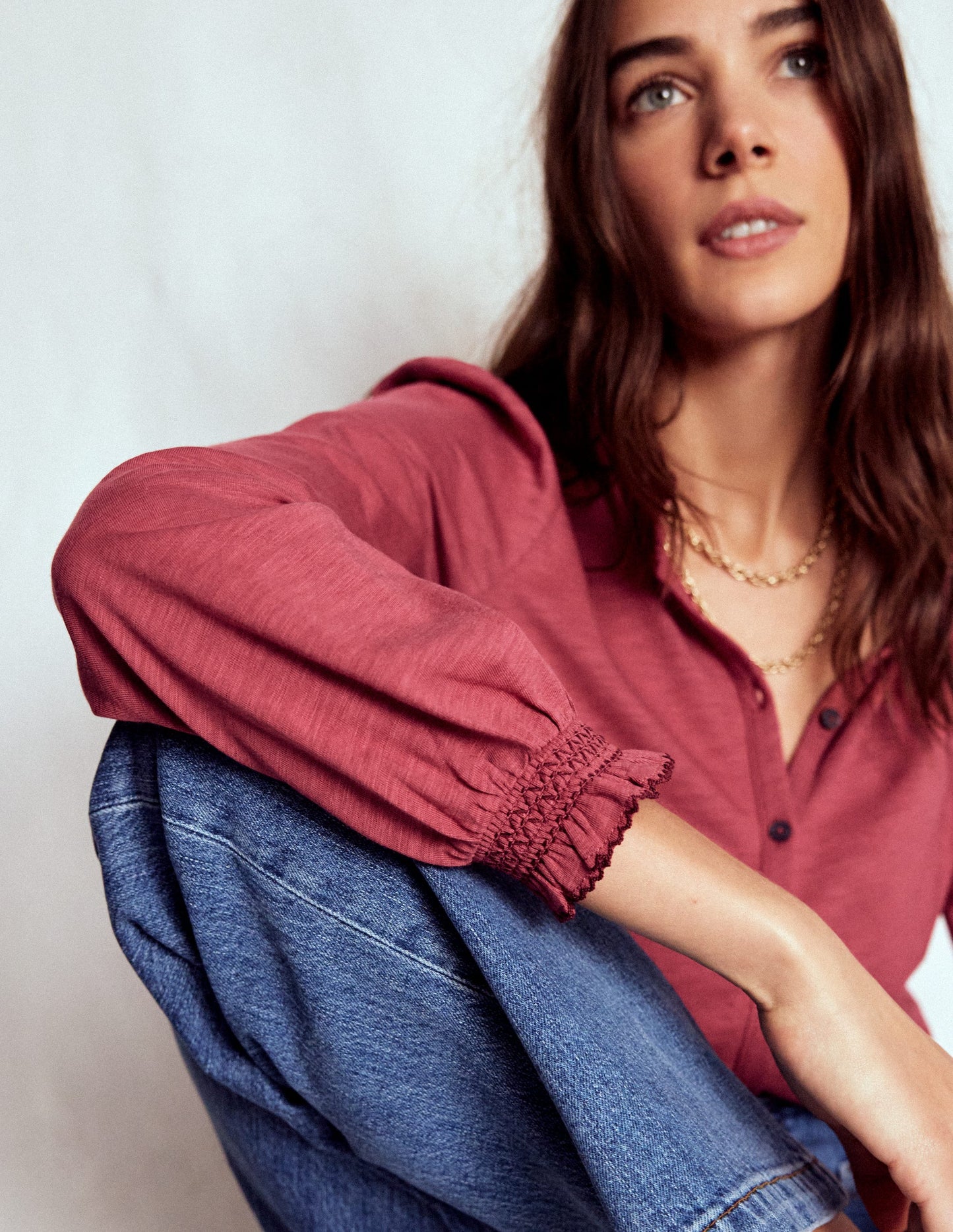 Effie Smocked Detail Shirt-Earth Red