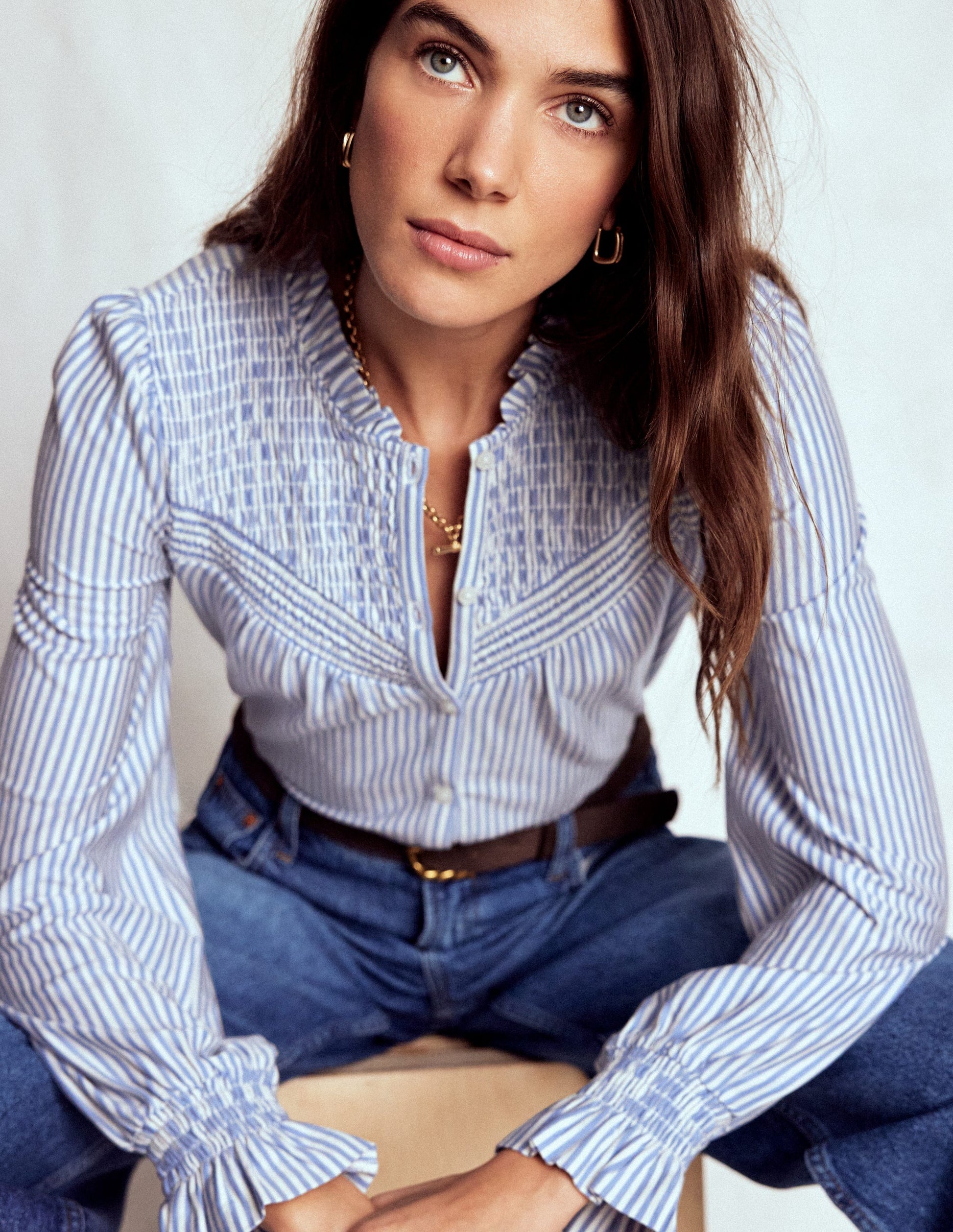 Smocked Yoke Jersey Shirt-Forever Blue and Ivory Stripe-1